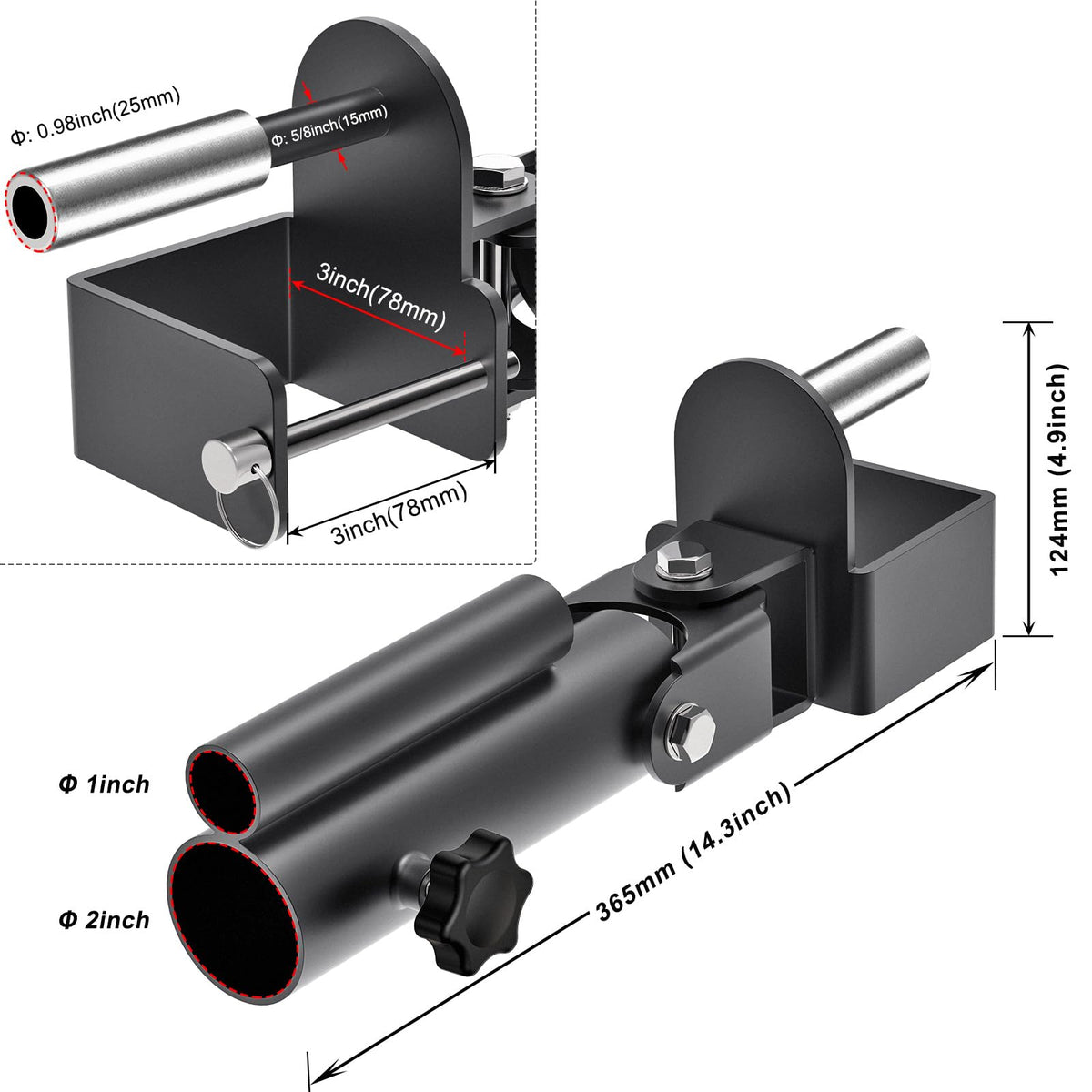 SELEWARE T Bar Row Landmine Attachment for 3" x 3" Power Rack with 5/8" or 1" Hole - Versatile Fit for 1" Standard Bar and 2" Olympic Bars, Free Swivel Heavy Duty Structure