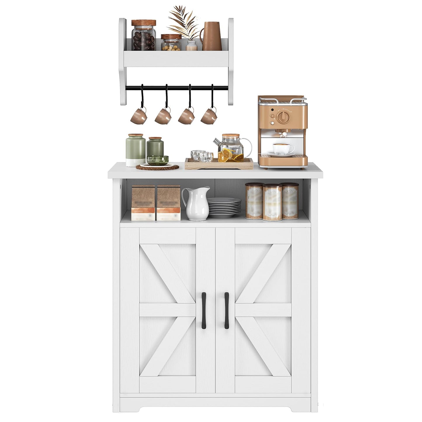 YATINEY Coffee Bar Cabinet, Kitchen Island with Storage, Farmhouse Sideboard Buffet Cabinet with Dual-Purpose Floating Shelf and Hooks, for Kitchen, Restaurant, Living Room, White KF22WT