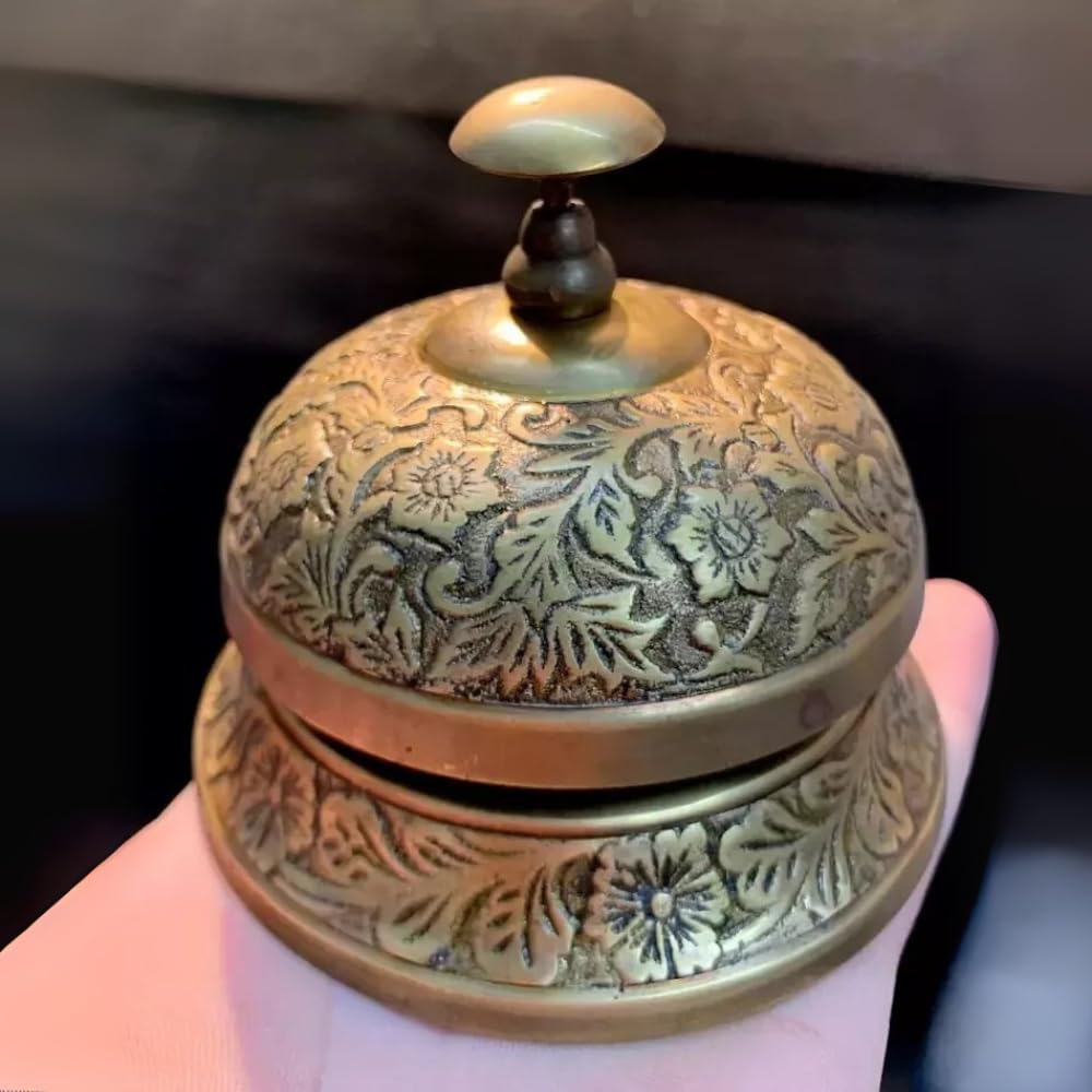 Vintage Style Brass Service Bell, Ornate Floral Pattern, Hotel Reception Counter Desk Bell, Antique Bronze Finish