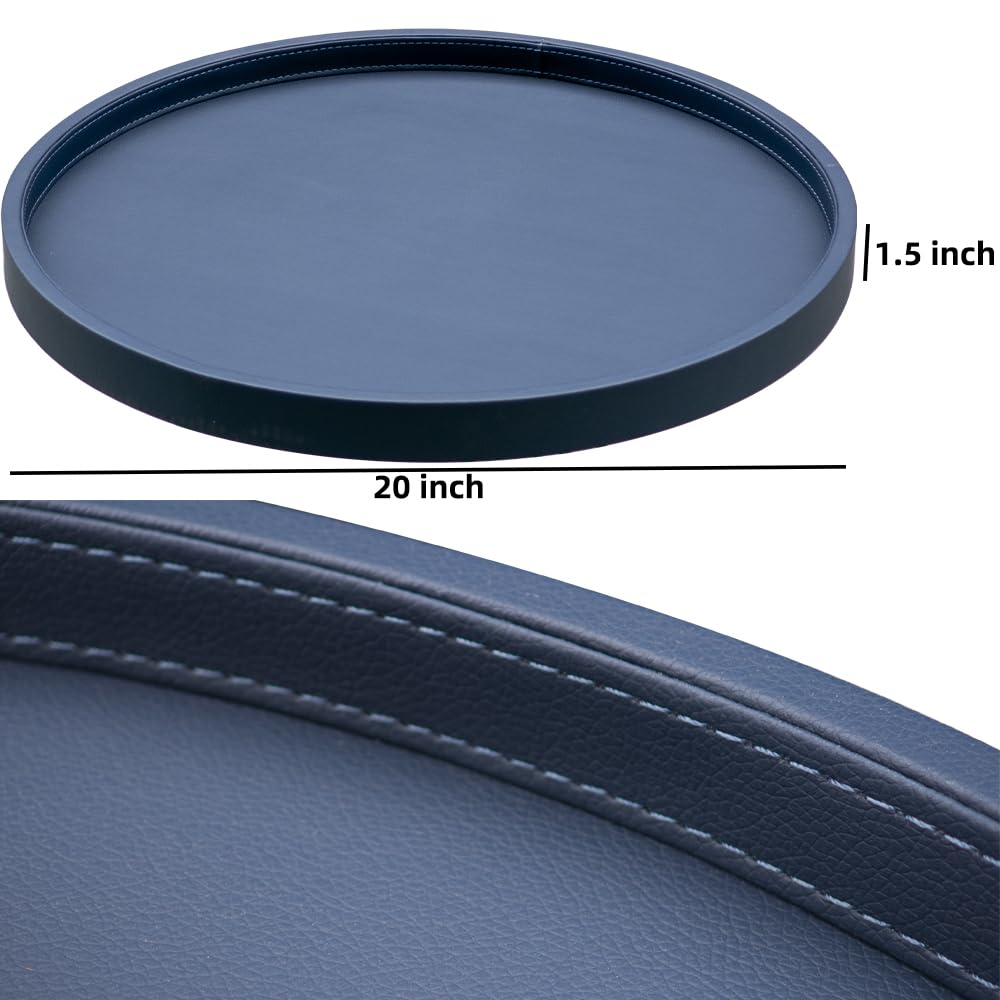 Galopgen 20-inch Round Ottoman Serving Tray - Textured PU Leather Coffee Table Decor, Waterproof Heat-Resistant Large Organizer for Home, Office, Bed & Party Essentials (Navy Blue, 20in)