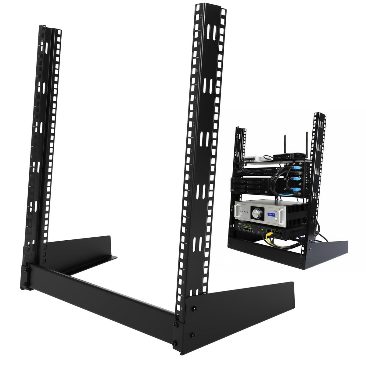 Moxweyeni 12u Open Frame Server Rack 19" 2 Post Network Rack for Audio Video Device Free Standing Desktop or Floor Lightweight Hinged Design, Compatible with Eia-310 Compliant, 140 Lbs Load Capacity
