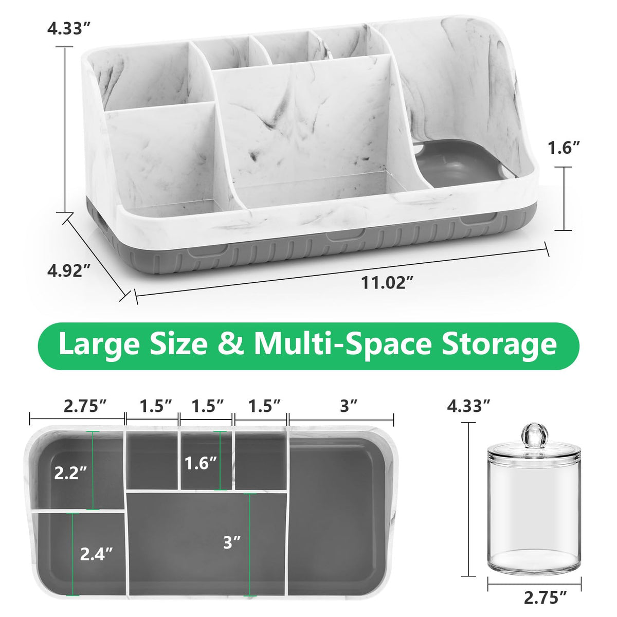 GFWARE Bathroom Toothbrush Holder Set with 2 Pack Qtip Holder Dispenser - Detachable 7 Slots Bathroom Accessory Set, Kids Marble Bathroom Sink Counter Set, Bathroom Essentials Decor, Grey