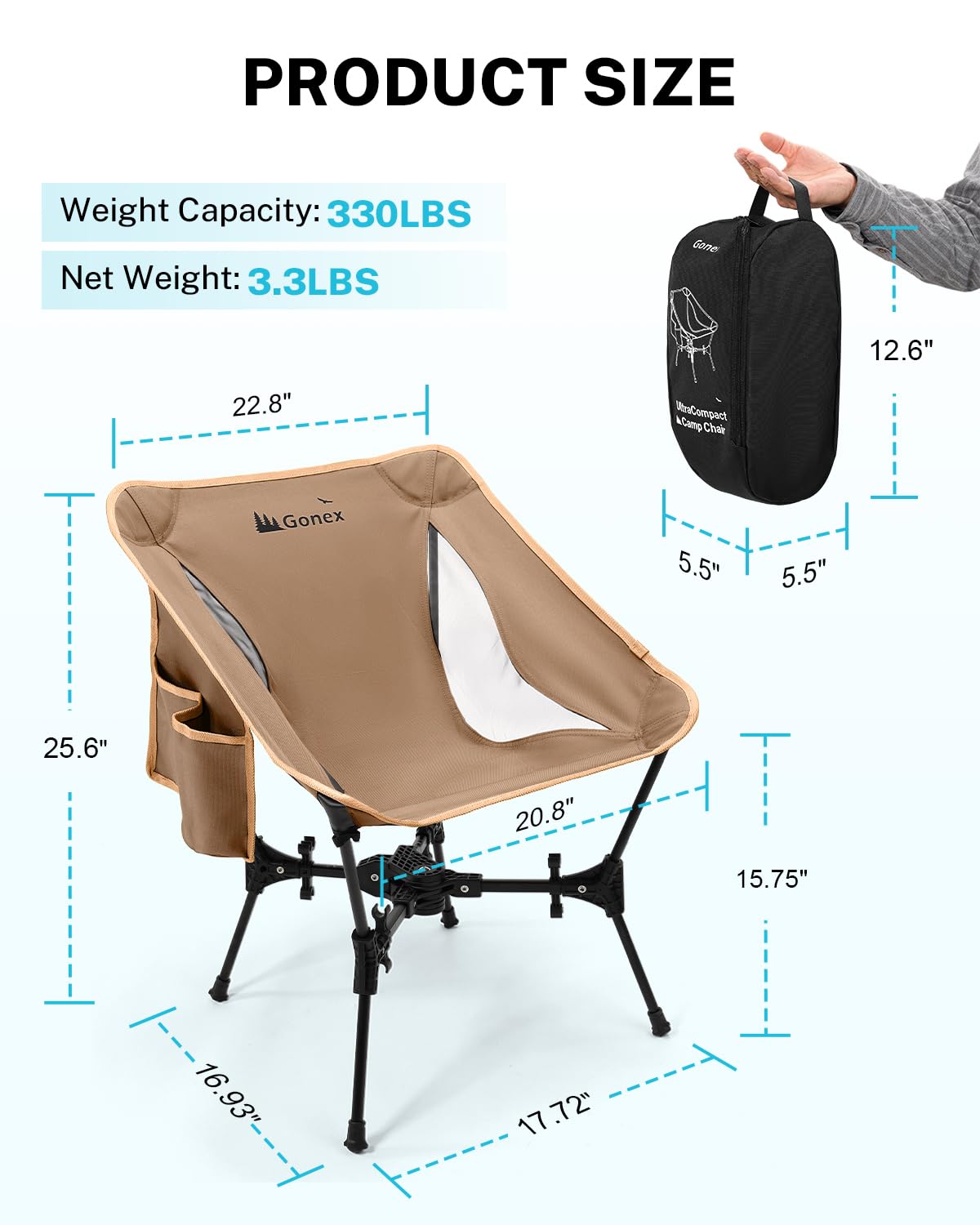 Gonex Portable Camping Chair, The 5th Gen Ultralight Compact Backpacking Foldable Lightweight Folding Chair for Outdoor Camp Hiking Beach Picnic Concert, Supports 330lbs (Khaki, 2 PCS)