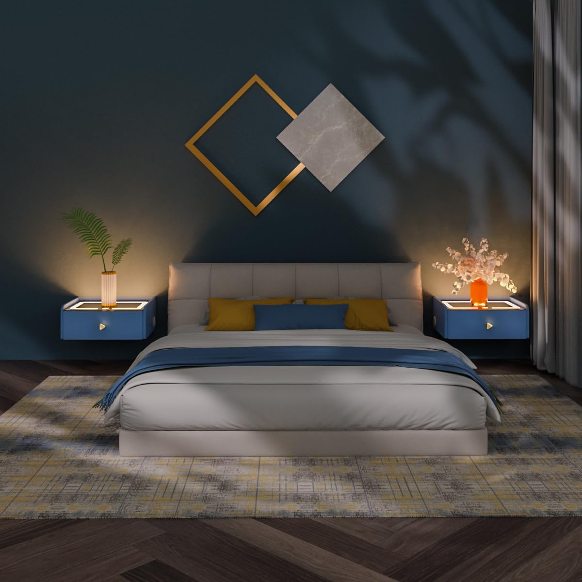 HOMEMORE Floating Nightstand with Charging Station Bedside Table LED Smart Bedside Table Wall Mounted Nightstand Blue