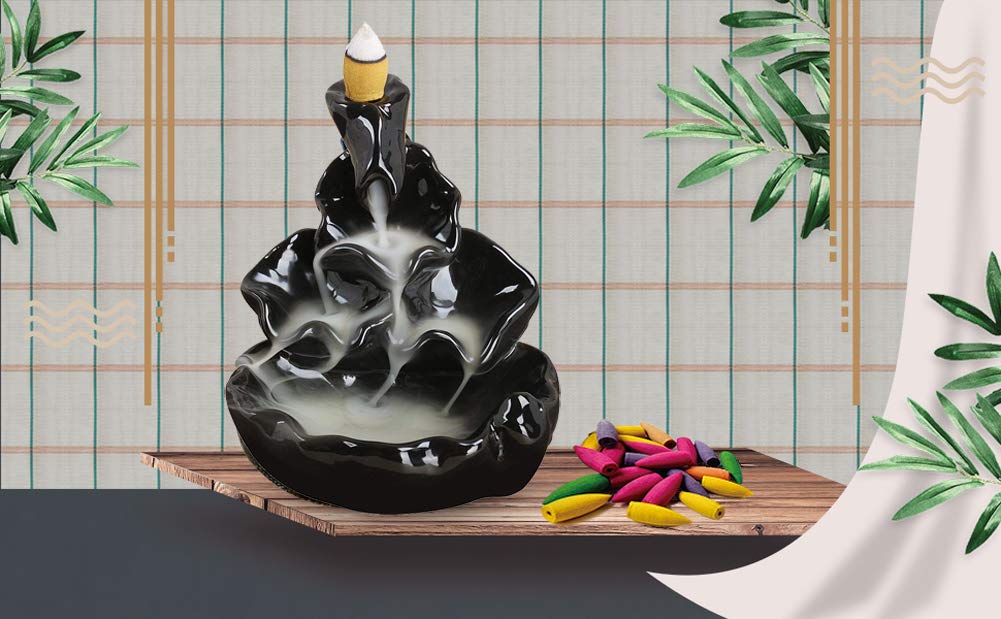 Waterfall Incense Burner Backflow Ceramic Inscents Cone Stick Holder with 10 Cool Back Flow Cones Incent Set