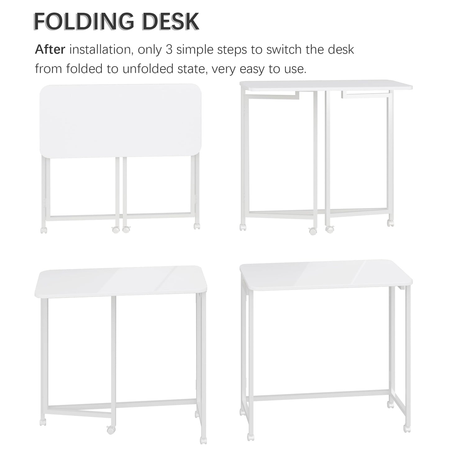 4NM 27.5" Mobile Small Rolling Computer Desk, Folding Laptop Cart Table with Wheels, Portable Office Desk for Small Space Couch Bed - All White
