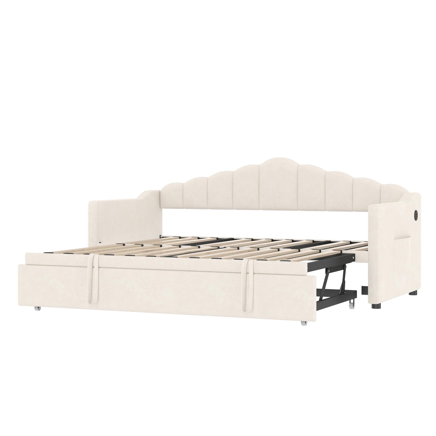 Twin Size Upholstered Daybed with Pop up Trundle,Velvet Day Bed Frame with USB and Side Pockets,Twin to King Daybed, Tufted Sofa Bed for Bedroom,Living Room,Guest,Beige