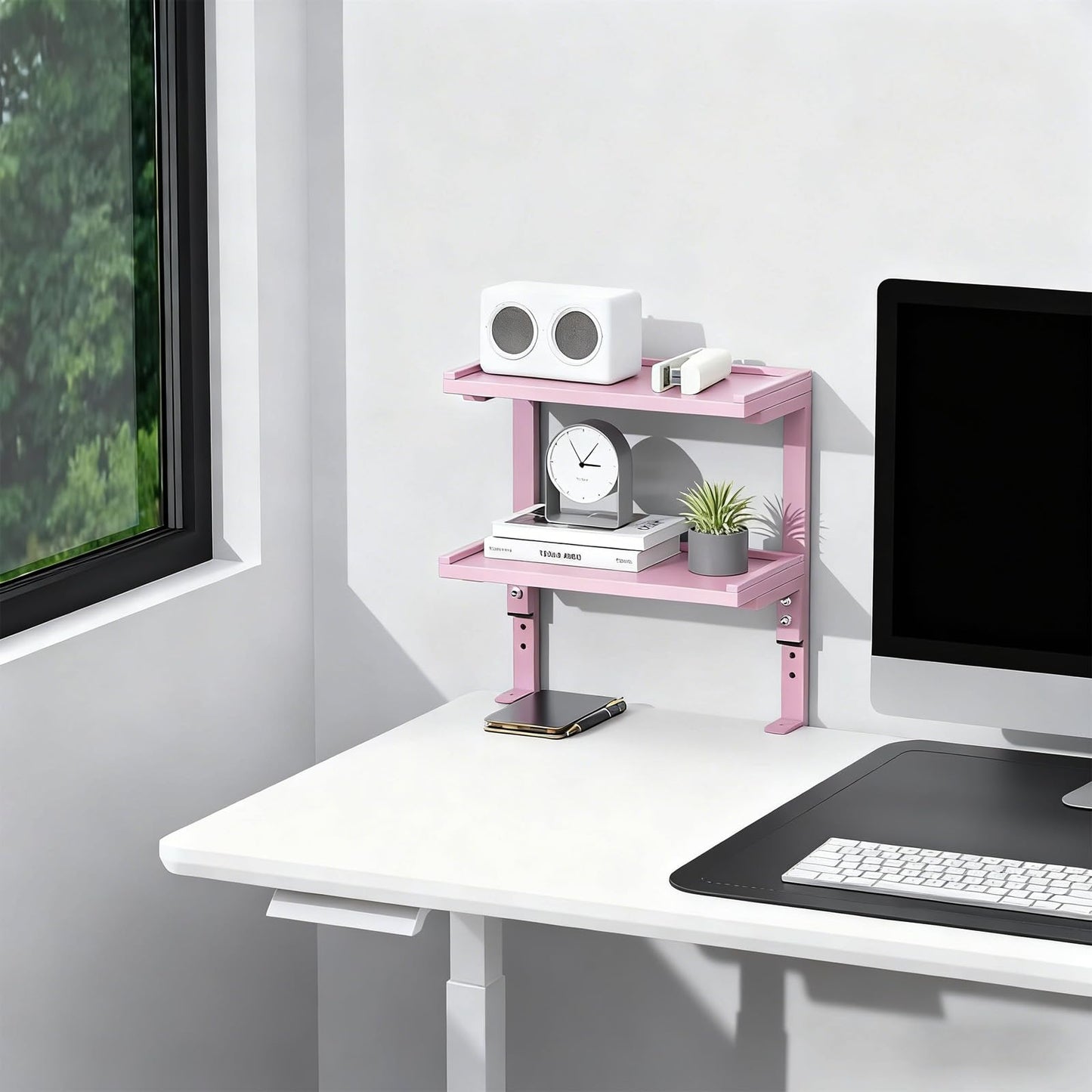 Spacrea clamp on Desk Shelf, 2 Tier Office Desk Shelves Organizer, Wood Desktop Supplies Storage Rack, Desk Organizers and Accessories (Pink)