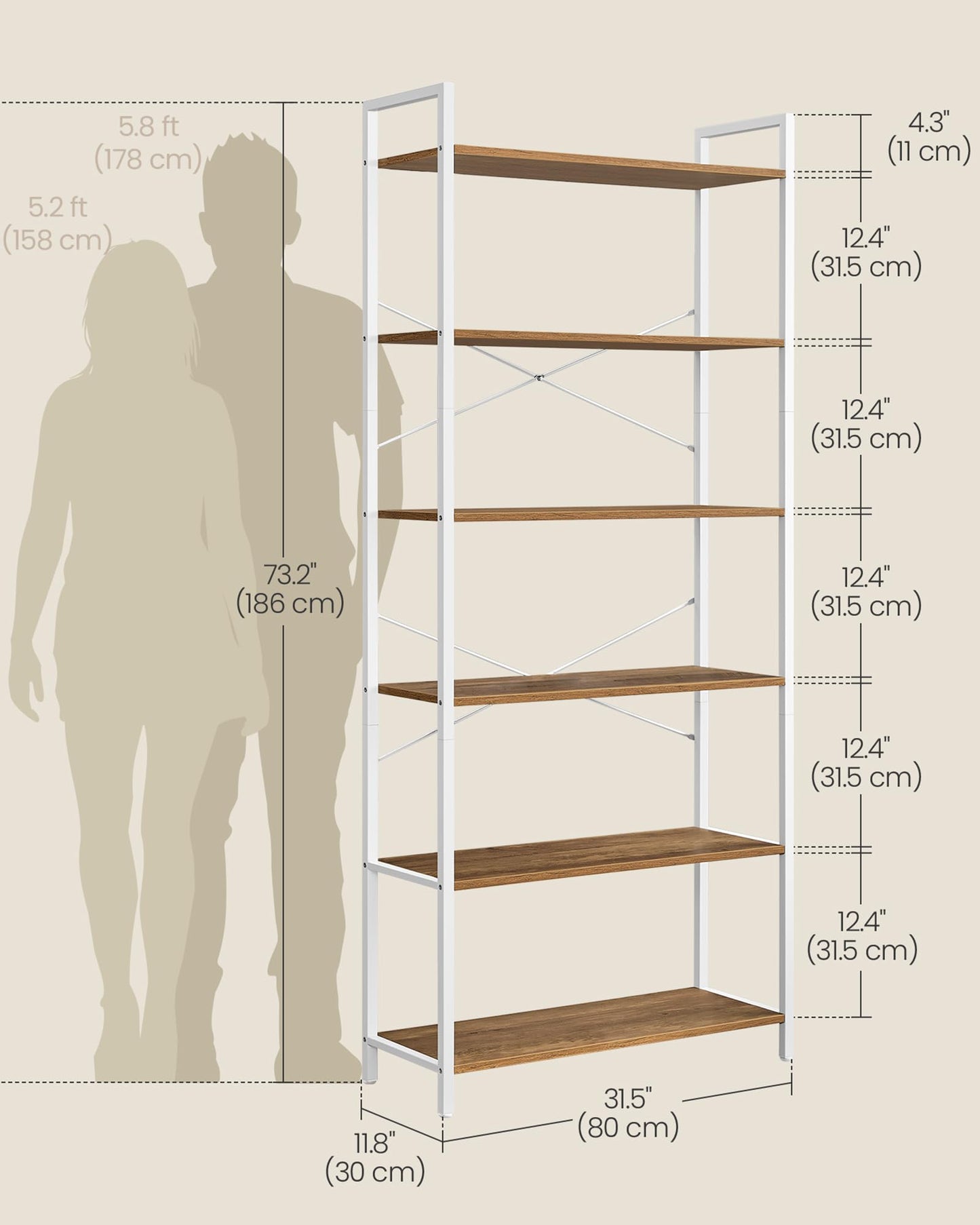 VASAGLE 6-Tier Bookshelf, Bookcase with Steel Frame, Book Shelf for Living Room, Home Office, Study, 11.8 x 31.5 x 73.2 Inches, Industrial Style, Honey Brown and Cloud White ULLS082K01