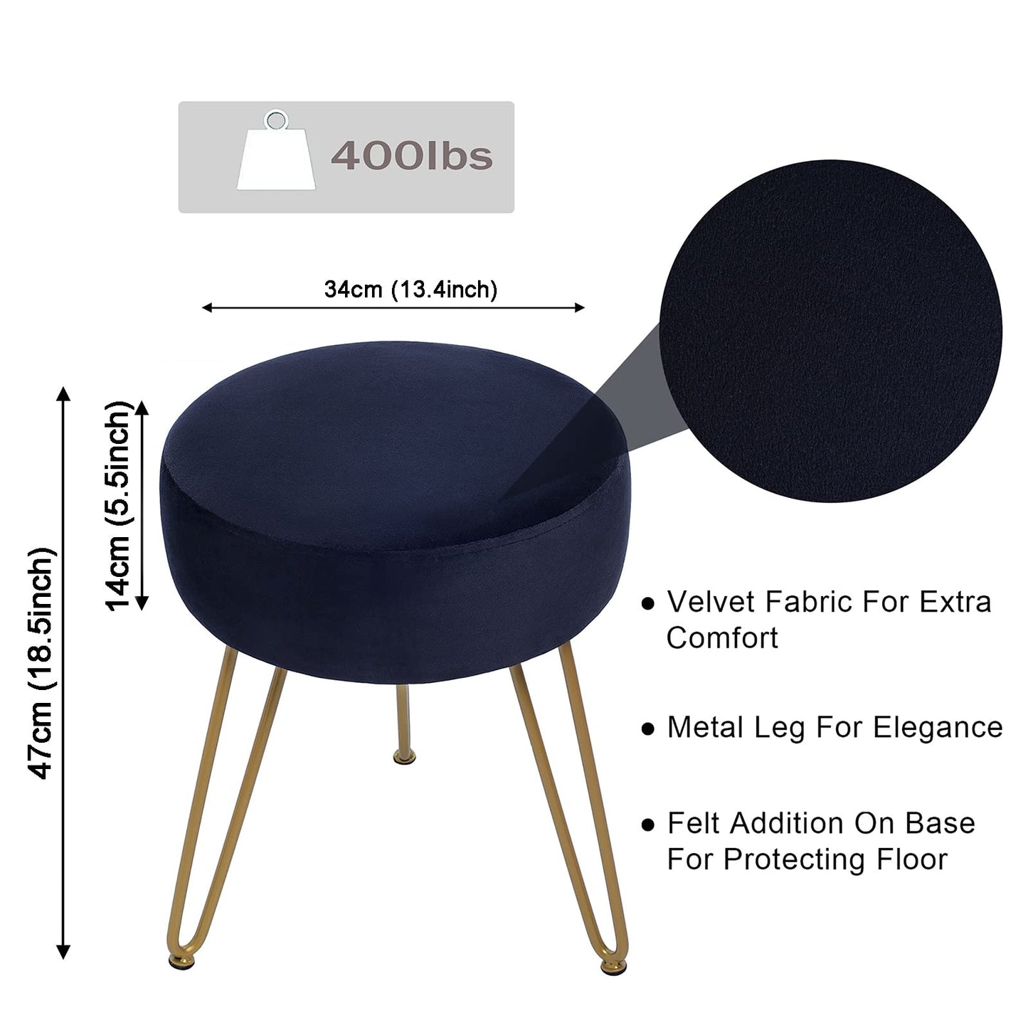 YOONIC Velvet Soft Modern Vanity Footstool -Round Footrest Stool Ottoman Side Table Seat Dressing with Golden Metal Leg and Sponge Filling,Upholstered Foot Rest, for Living Room and Bedroom Black