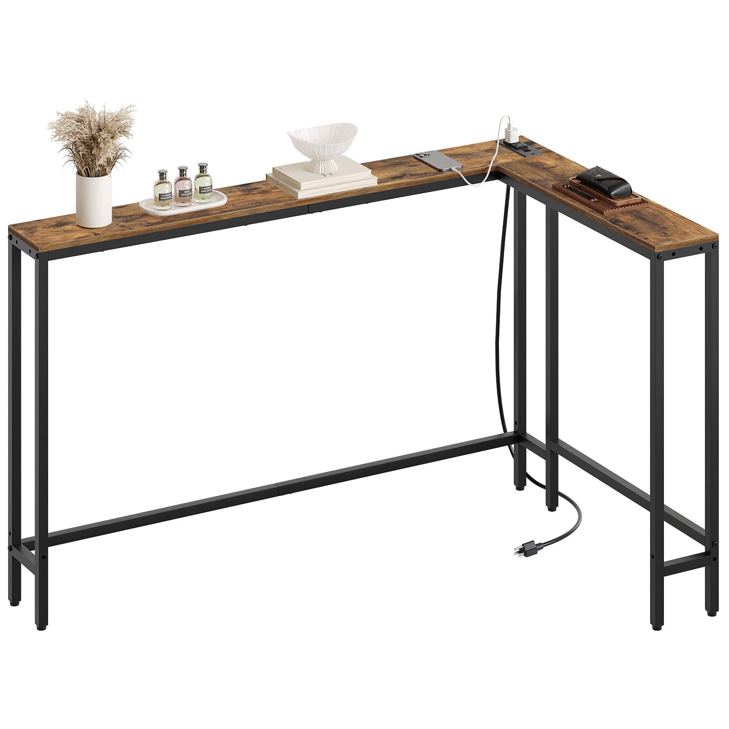 YATINEY Narrow Console Table with Outlets, 70.9" Sofa Table Narrow Long, L Shaped Behind Couch Entryway Table with Charging Station, for Living Room, Hallway, 3 Assembly Options, Rustic Brown CT07UBR