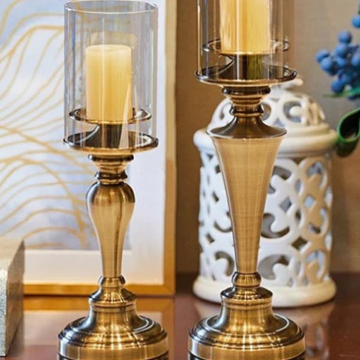 Candlestick Holders Creative Iron Candlestick with Glass Cover Home Dining Table Decoration Candlestick Ornaments Candle Holders(Small)