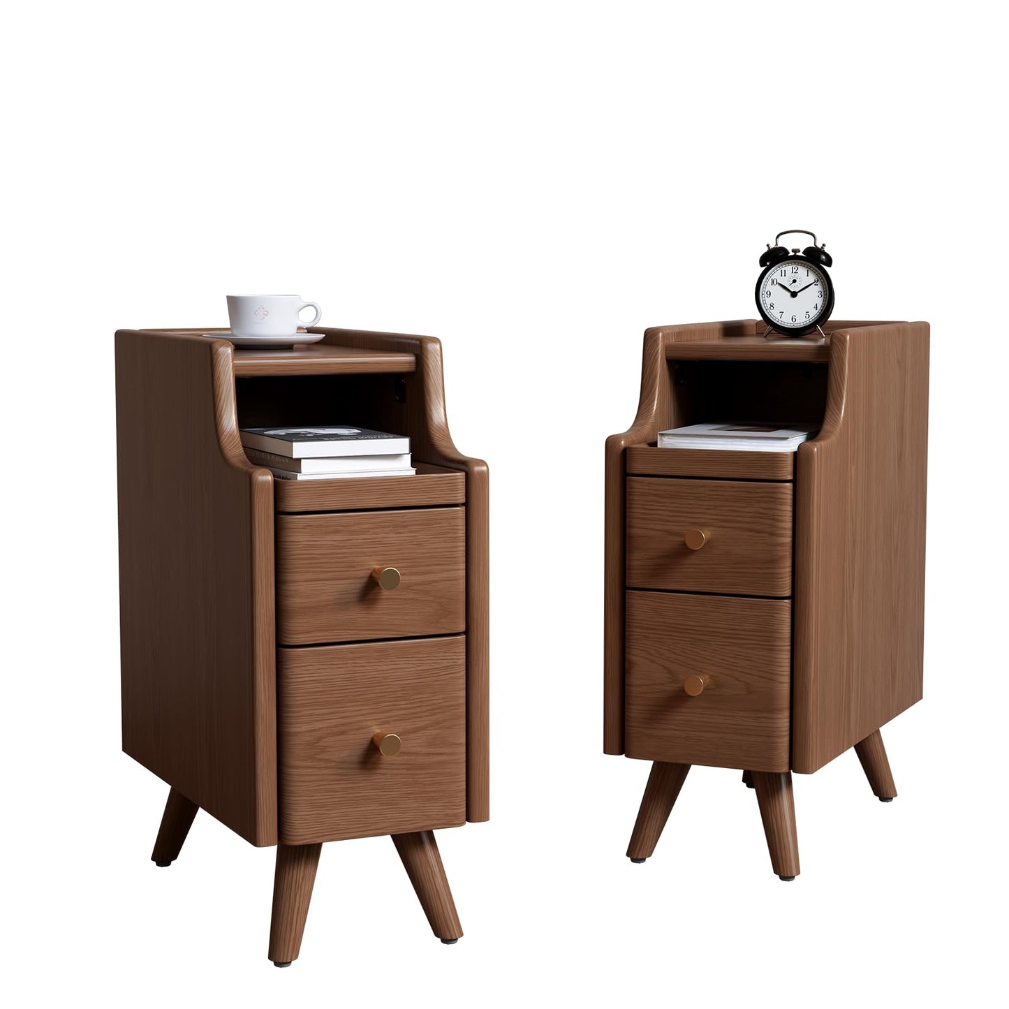 AQIMUELE Narrow Nightstand with Drawers, Wood Bedside Table, Small Walnut Nightstand Set of 2