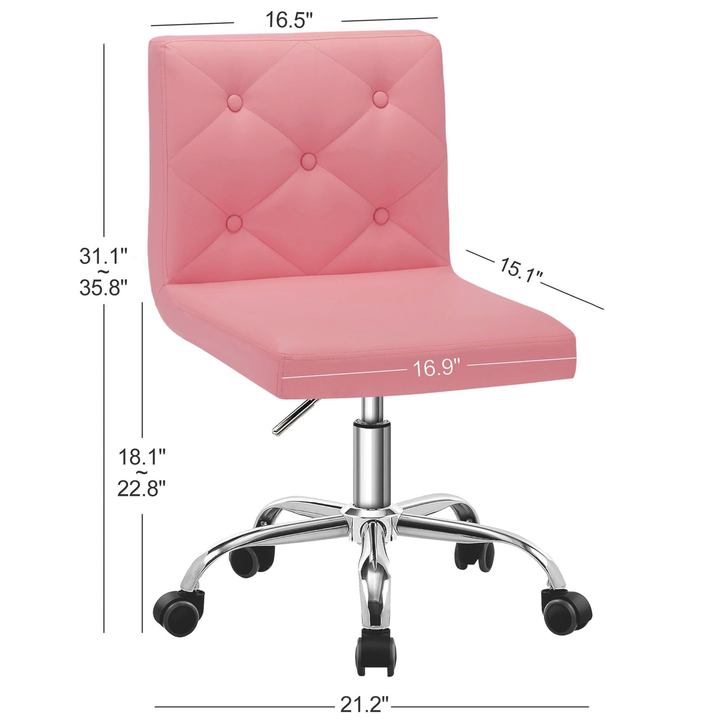 VECELO PU Leather Mid-Back Armless Vanity Chair Adjustable Height 360° Rolling Swivel for Home Office Work
