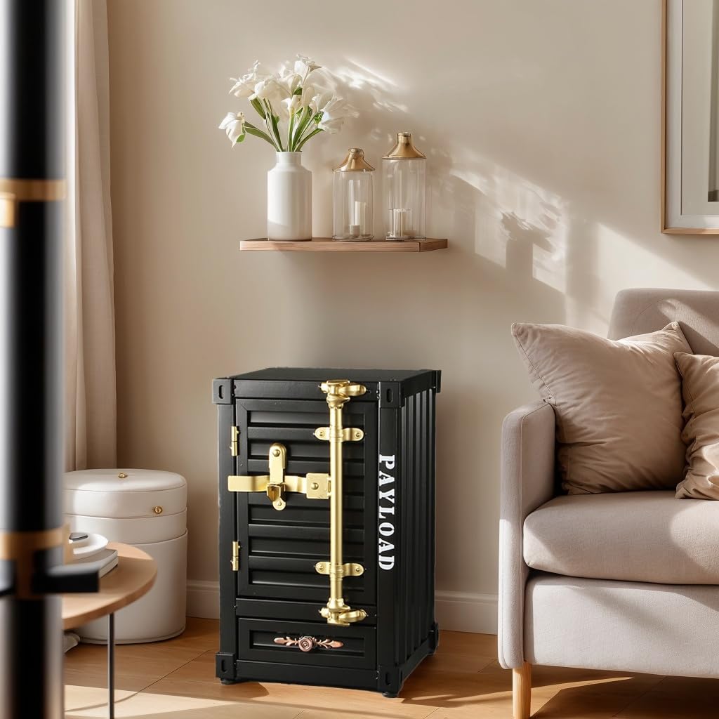 Runeqxar Industrial Shipping Container Nightstand - 20 Inch 3-Tier Iron Bedside Table with Drawer, Handcrafted Rustic Distressed Metal End Table for Bedroom, Bar, Garage (Black)