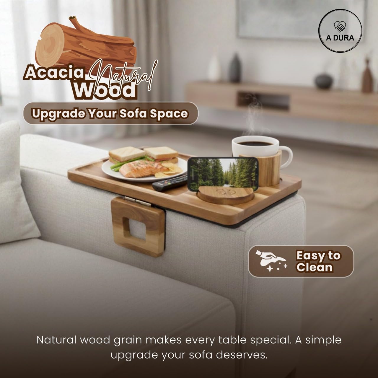 Acacia Wood Sofa Armrest Tray Table with Cup Holder & Phone Stand β 3-in-1 Clip-On Couch Arm Tray Table, Rotating Drink & Phone Holder for Couch, Sofa & Living Room