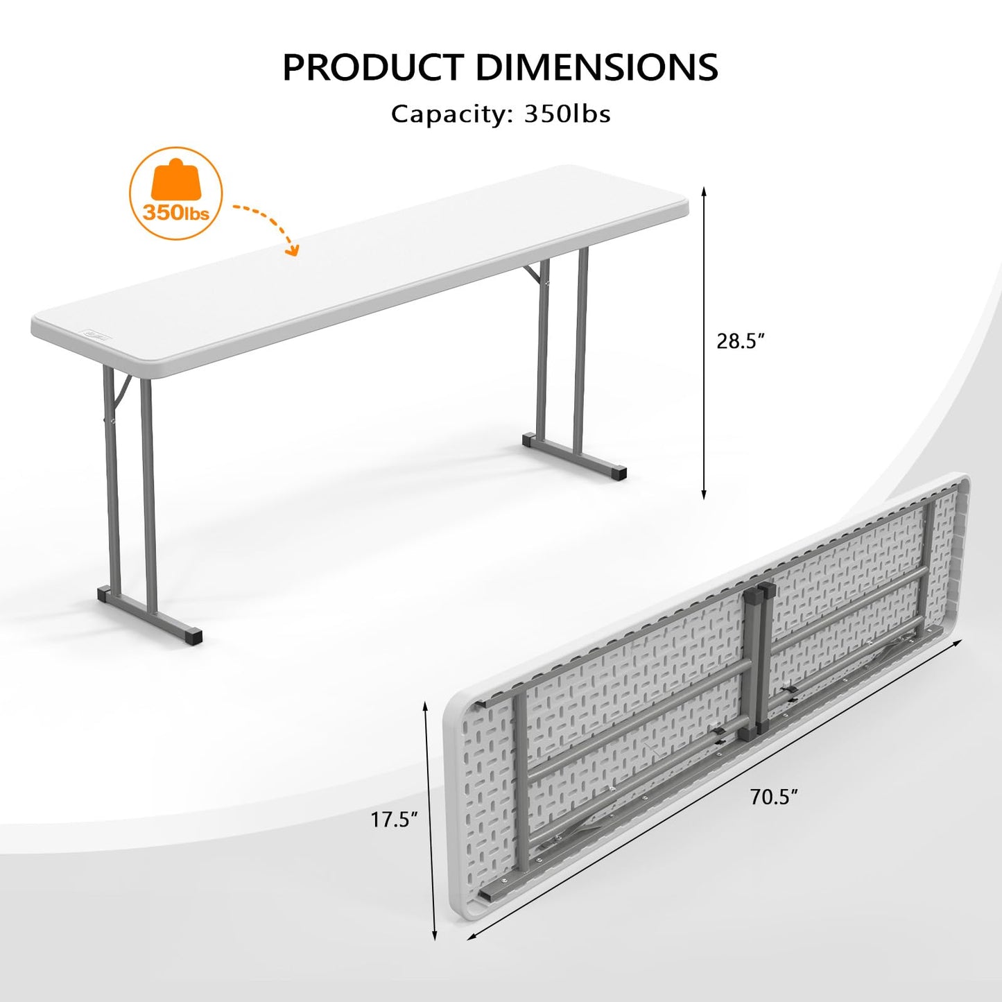 VINGLI 6 FT Narrow Folding Table,Premium Quality HDPE Material and Sturdy Metal Frame, Perfect for Buffet, Seminar, Party, Training, Home Work, White