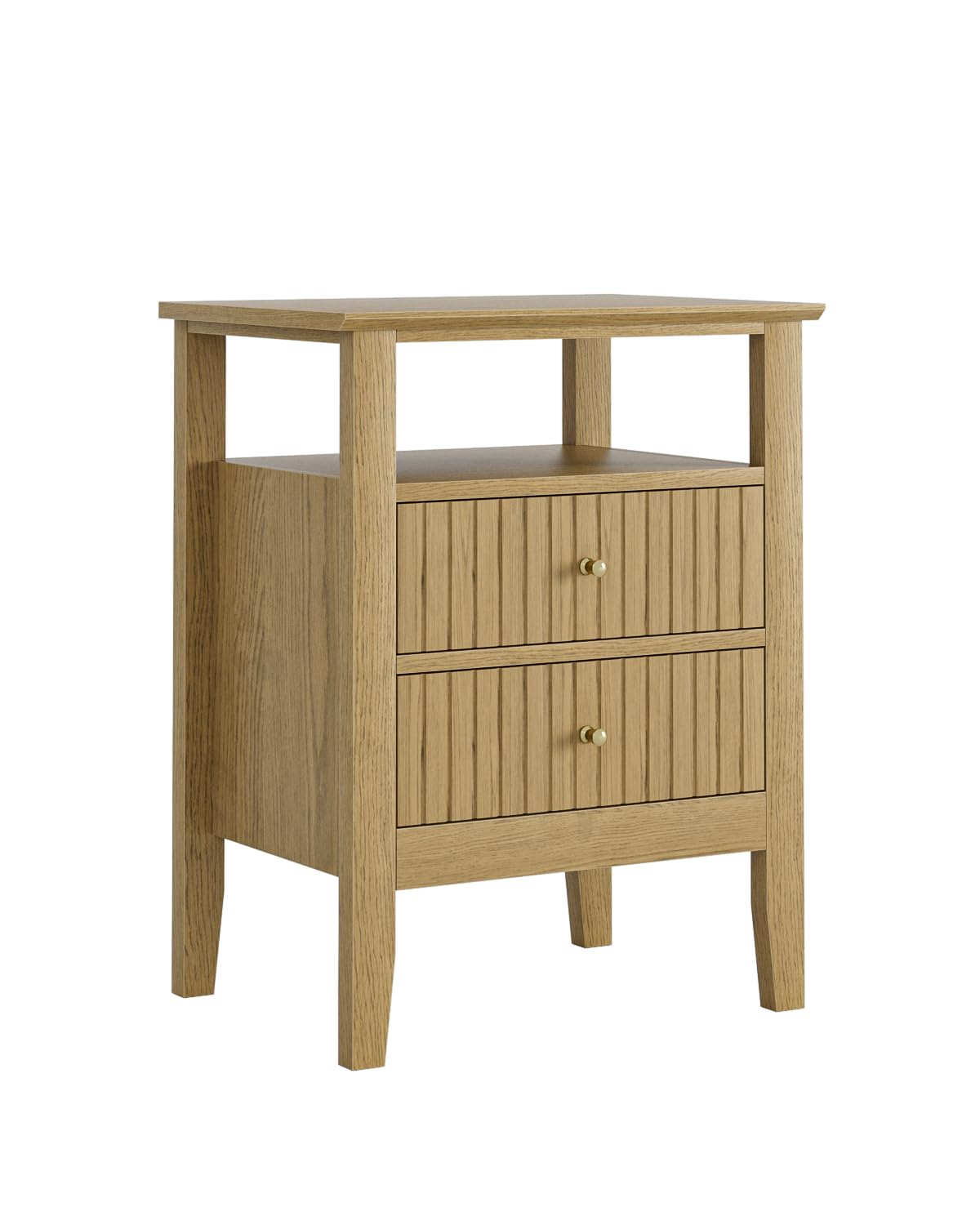 Apetaccat Fluted Nightstand, Farmhouse Night Stand with 2 Drawers, Mid Century Modern Side Accent Table,Bedside End Table for Bedroom, Living Room, Yellow Oak