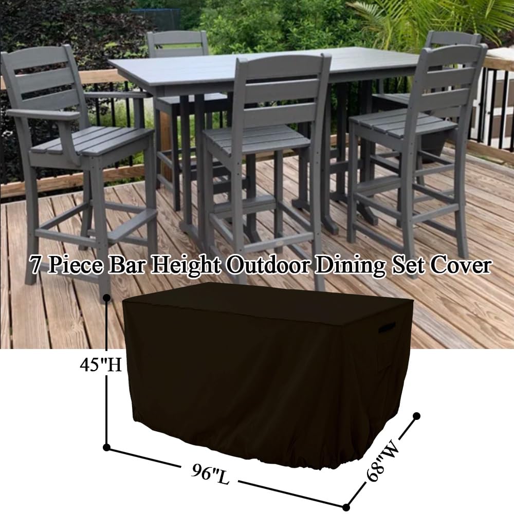 Sbaqurizz 7 Piece Bar Height Outdoor Patio Dining Set Cover for 96 Inch Tall Rectangle Outdoor Patio Bar Set with Table and Swivel Bistro Stools Chairs Heavy Duty Waterproof Cover