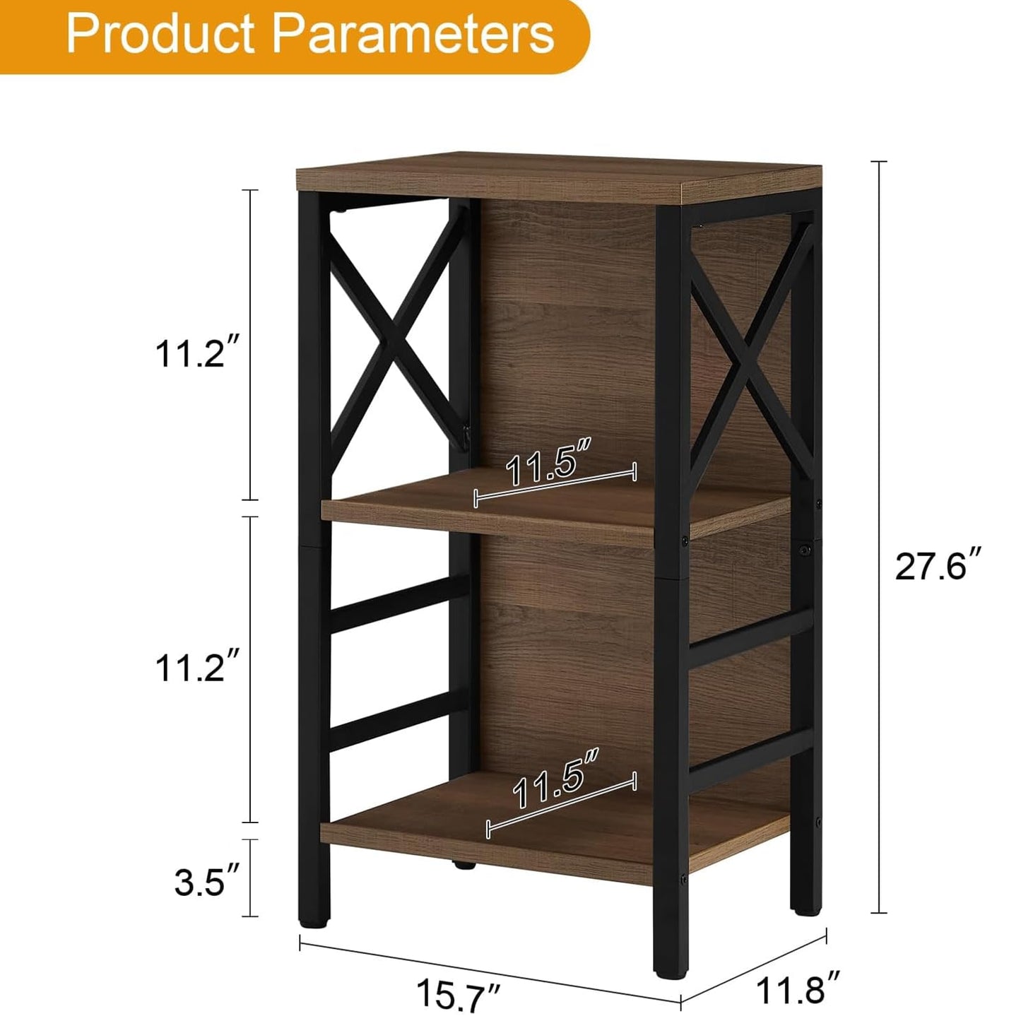 MNEETRUNG Small Bookshelf, 3 Tier Industrial Shelf with Metal Frame and Backboard, Low Rustic Brown Book Shelf, Small Bookcase for Small Spaces,Bookshelf for Living Room, Bedroom & Home Office