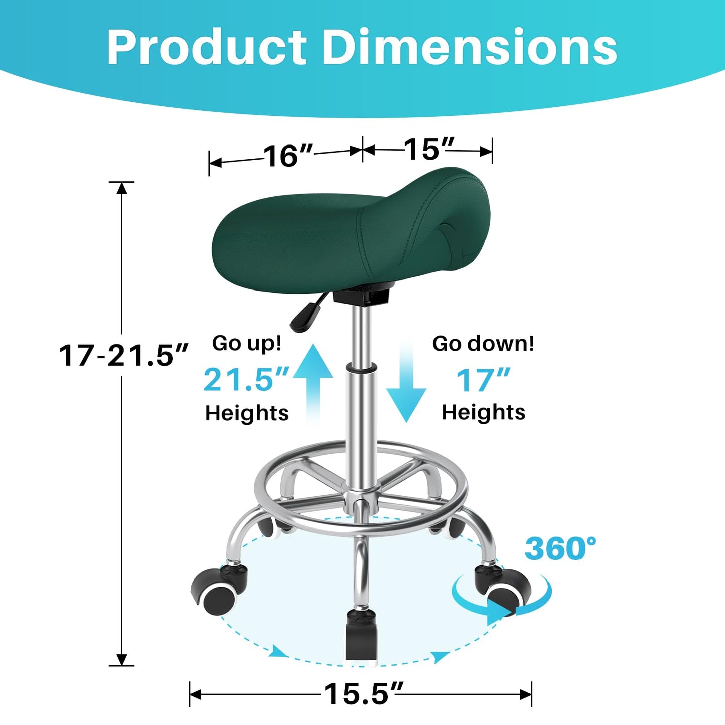 YEEZEE Saddle Stool Ergonomic- Comfortable Rolling Saddle Stool with Wide Thick Saddle Seat Padding, Swivel Adjustable Saddle Chair with Wheels and Ring Pedal for Medical Massage Salon (Green)