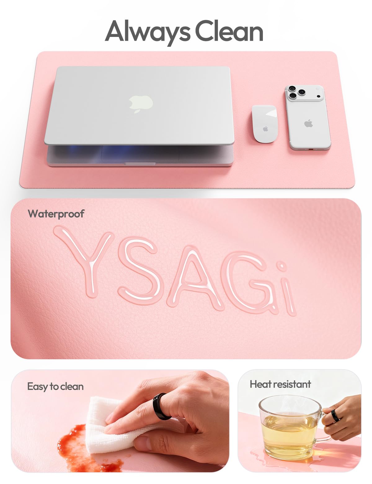 YSAGi Leather Desk Protector, Office Mat, Large Mouse Mat, Non-Slip PU Leather Blotter, Laptop Pad, Waterproof Writing Pad for Office and Home (Light Pink, 23.6" x 13.8")