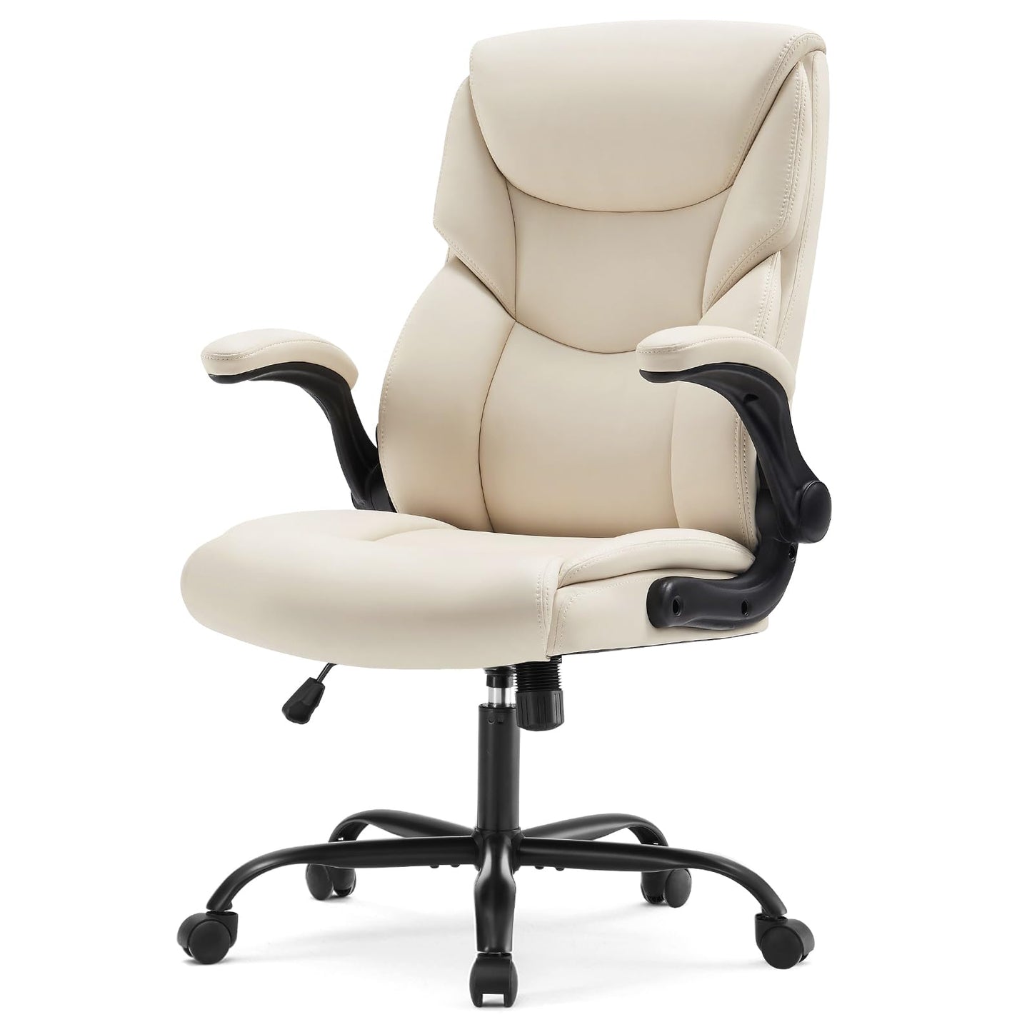 Sweetcrispy Ergonomic Office Chair - Heavy Duty Task Desk Chair with Flip-up Armrest, PU Leather, Height Adjustable & Swivel Rolling Chair with Wheels, Beige