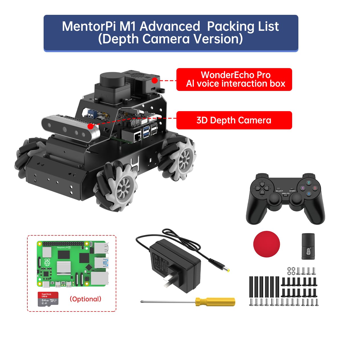 HIWONDER Robot Car with ChatGPT Large AI Models, 3D Depth Camera Mecanum-Wheel Chassis ROS2-HUMBLE Lidar SLAM Mapping Navigation Autonomous Driving, MentorPi M1 Advanced Kit with Raspberry Pi5 8GB