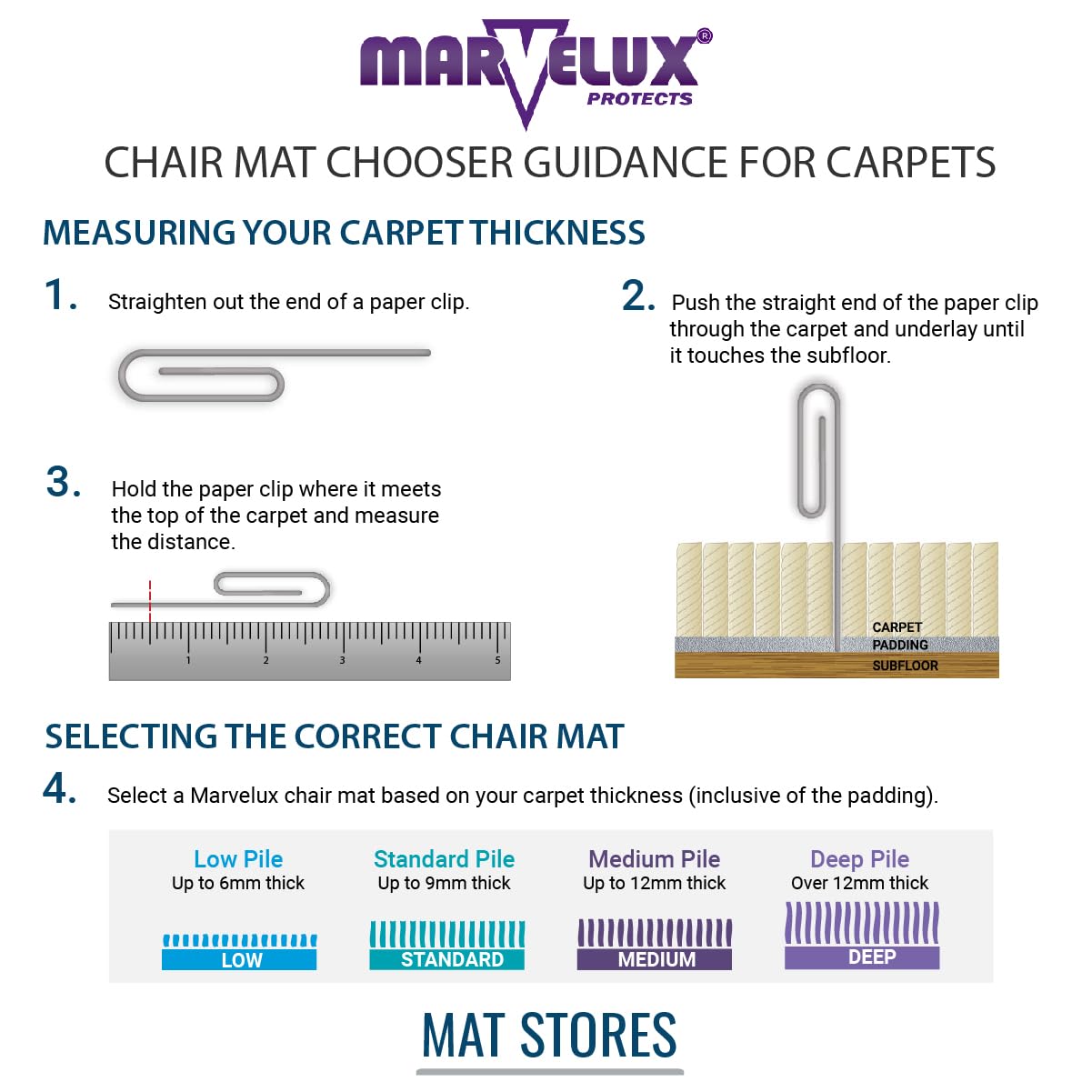 Marvelux Office Chair Mat for Carpeted Floors, Heavy Duty Polycarbonate for Medium Pile Carpets, Rectangular 47" x 53" Clear Office Chair Carpet Protector