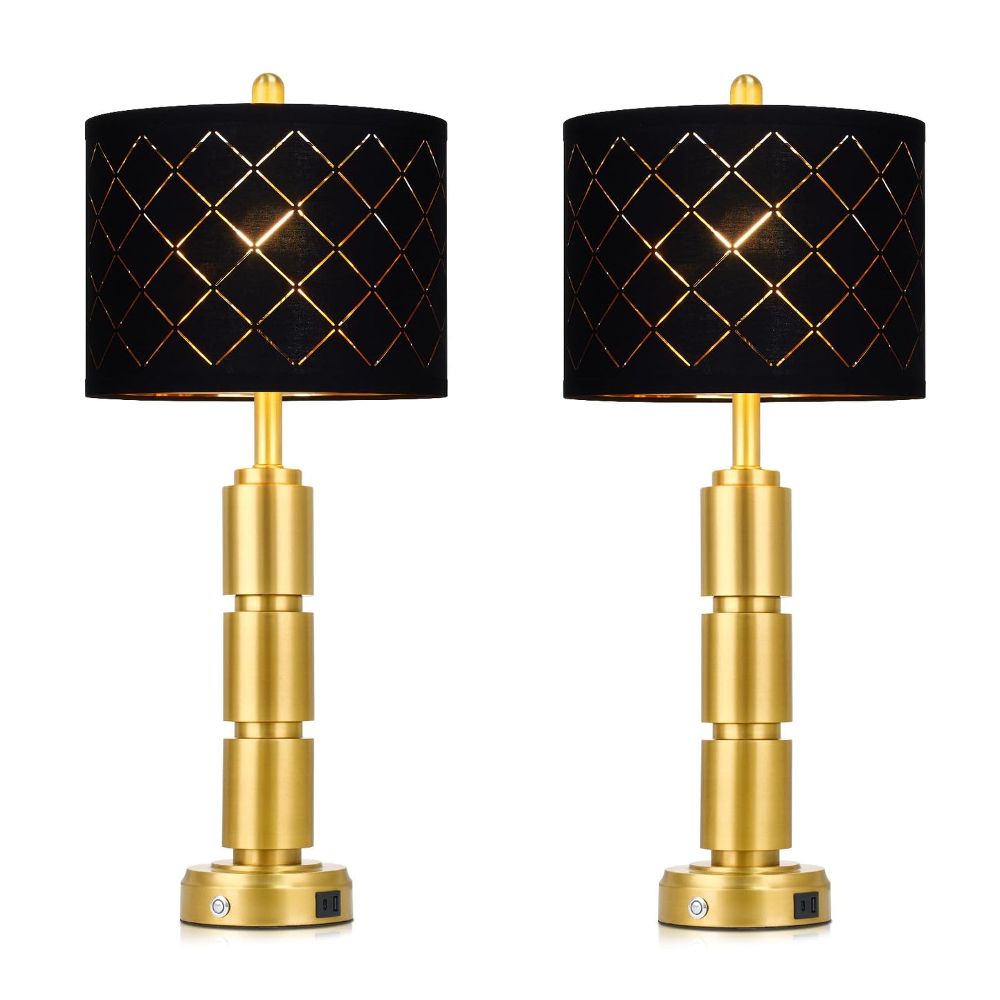 luxeflow Set of 2 Modern Table Lamps for Living Room Bedroom,29" Tall Bedside Lamp with 2 USB Port,Gold Metal Touch Nightstand Lamp with Black Grid Shade for End Table Entryway,Gold