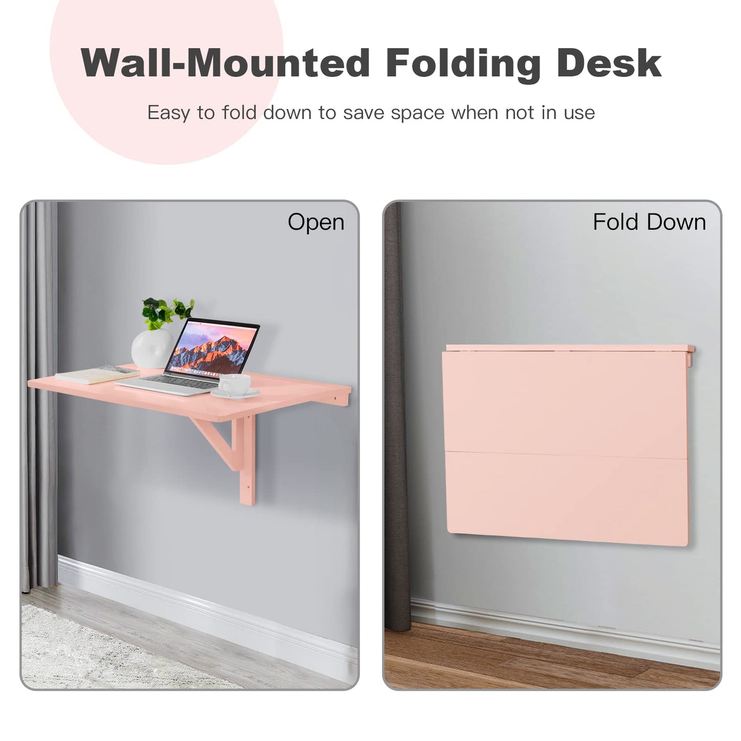 COSTWAY Wall Mounted Folding Table, 31.5" x 23.5" Drop-Leaf Floating Writing Desk for Small Spaces, Space-Saving Fold Down Laptop Workstation for Kitchen, Bedroom, Laundry Room, Study Room (Pink)