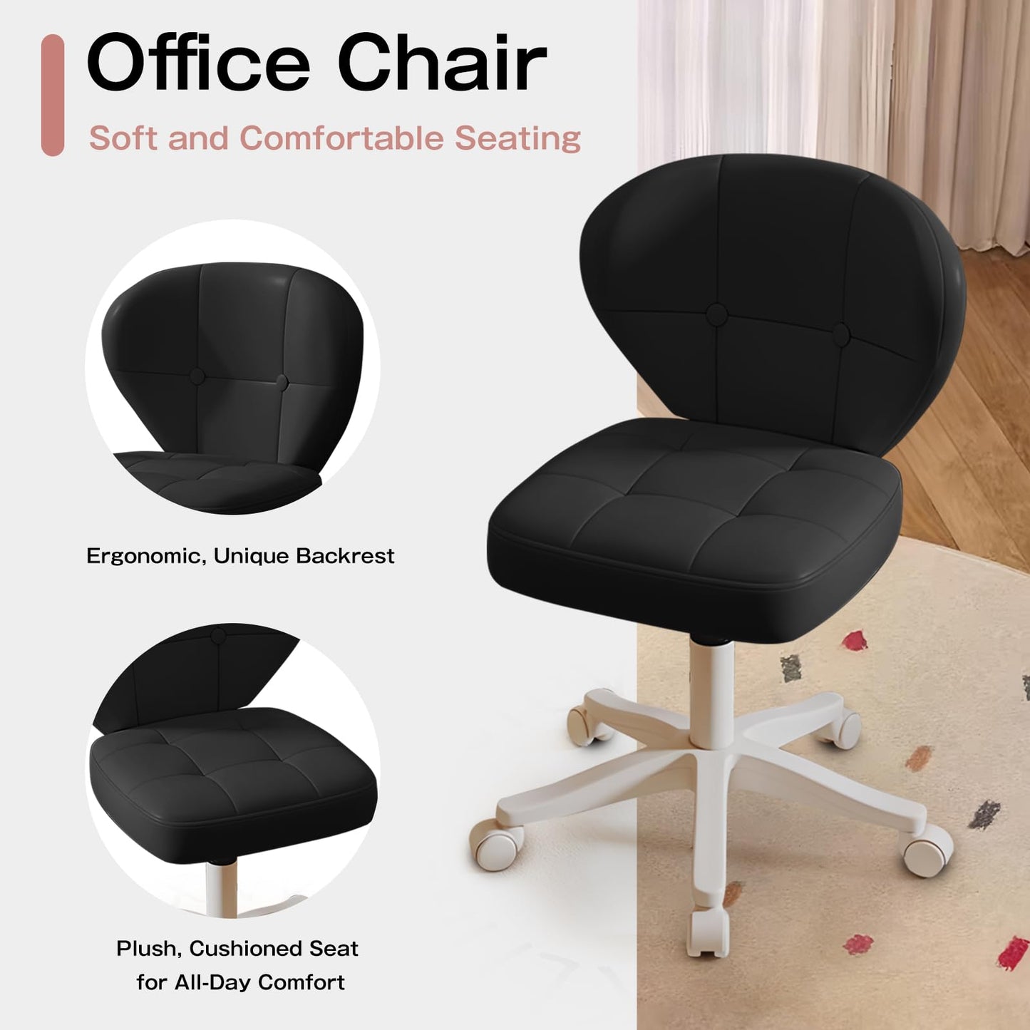 Timbertouch Small Office Chair with Lumbar Support, PU Leather Armless Swivel Desk Chair Adjustable Height, Compact Rolling Chair for Home Office, Bedroom, Study (Black)