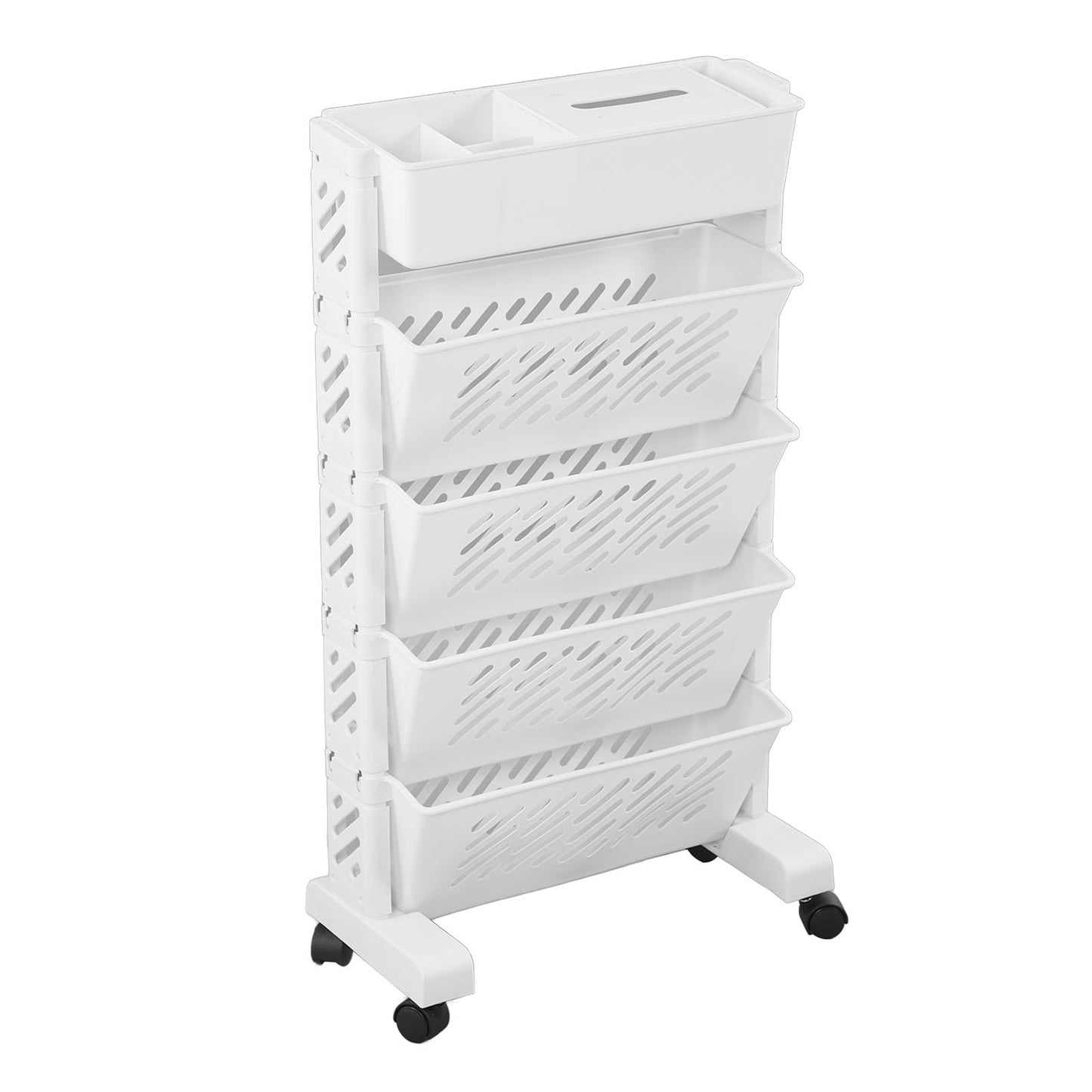 Removable Plastic Bookshelf for Home Study Room - 5 Tiers Mobile Storage Organizer Shelf With Wheels - Book Rack Cart