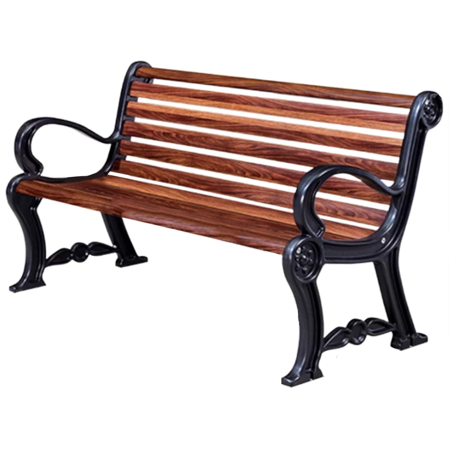 This 2-3 Person Outdoor Garden Bench, Durable Cast Aluminum Metal Park Bench Chair, Weatherproof Patio Bench Seat with Curved Design Backrest and Armrest, for Patio, Lawn
