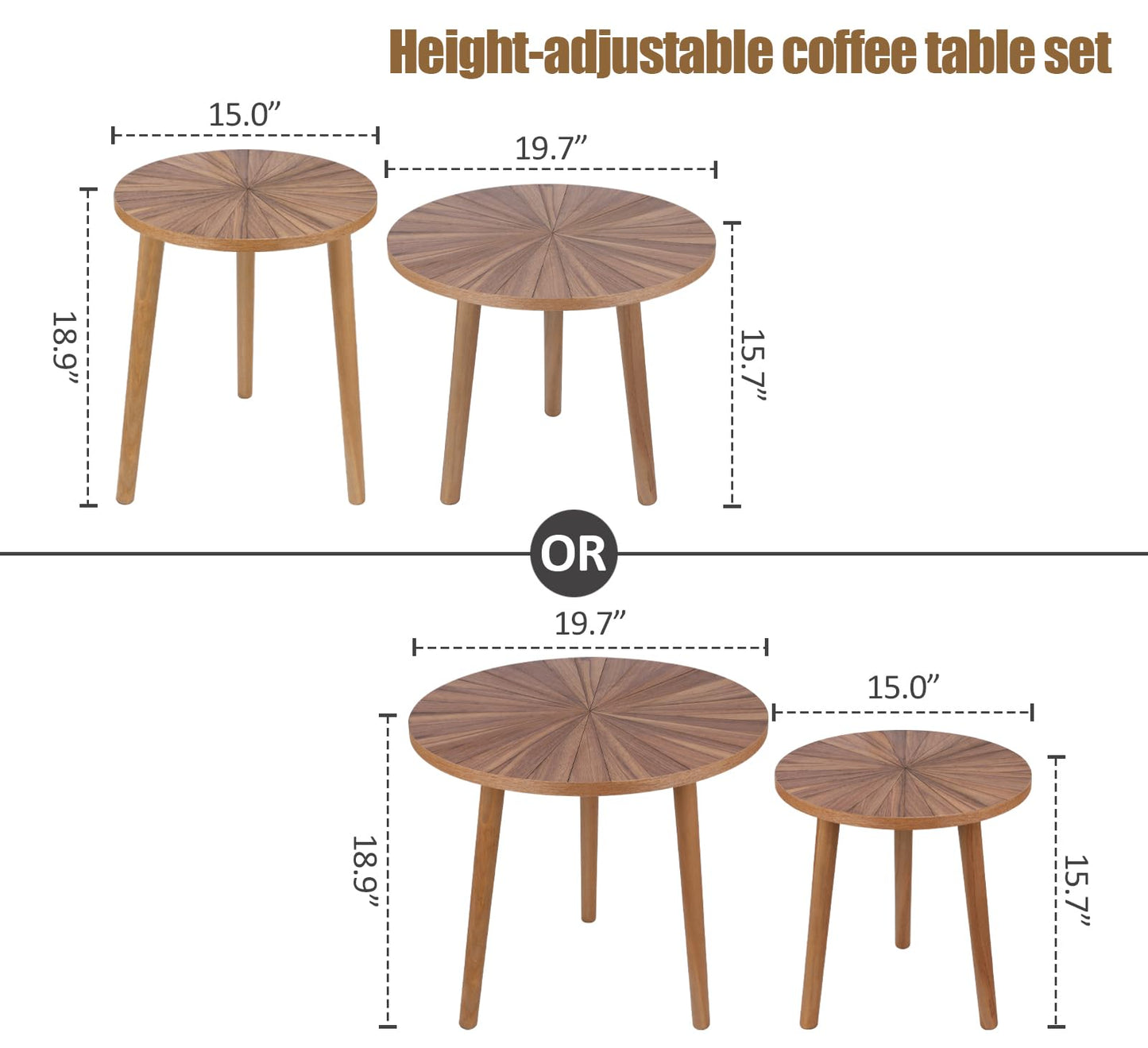 Round Coffee Table Set of 2, Mid Century Modern Coffee Table, Small Farmhouse Coffee Table, Wood Nightstand Bedside Table, Boho Side Table End Tables for Living Room Bedroom Office Balcony