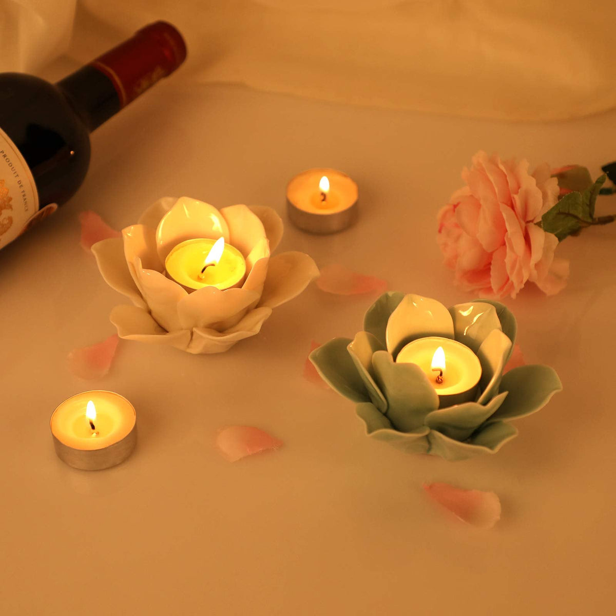 OwnMy Green Ceramic Lotus Flower Tealight Holder 4.5 Inch Lotus Petal Tealight Candle Holder, Ceramic Votive Candle Stand for Wedding Table Centerpieces Home Decors