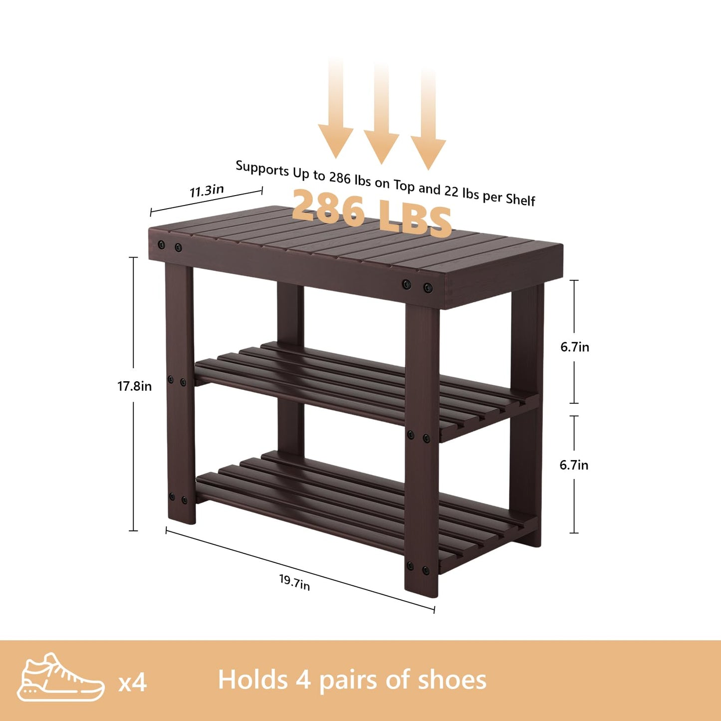 Sweetcrispy 3-Tier Shoe Rack Bench for Entryway, 286lb Capacity, Brown