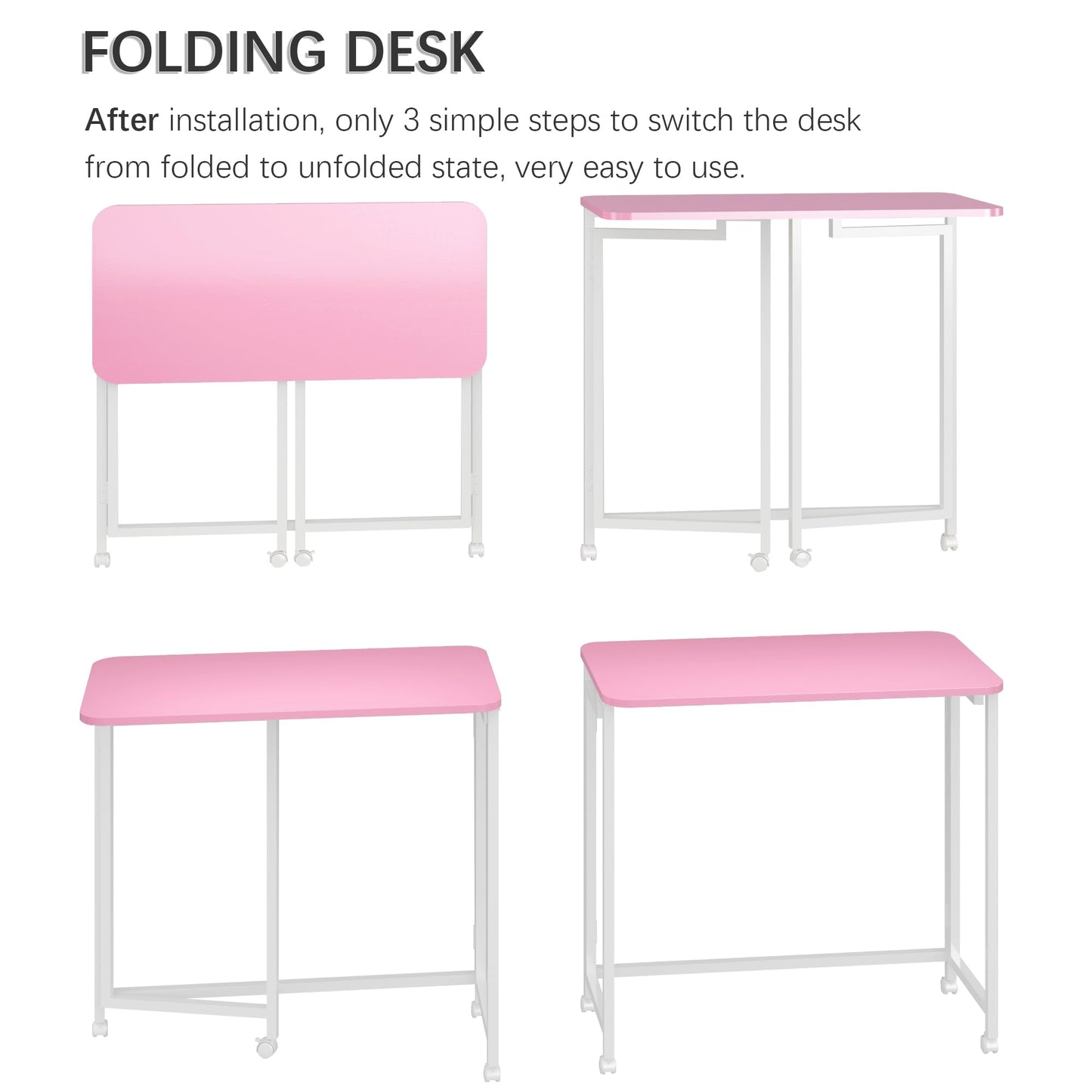 4NM 27.5" Mobile Small Rolling Computer Desk, Folding Laptop Cart Table with Wheels, Portable Office Desk for Small Space Couch Bed - Pink and White