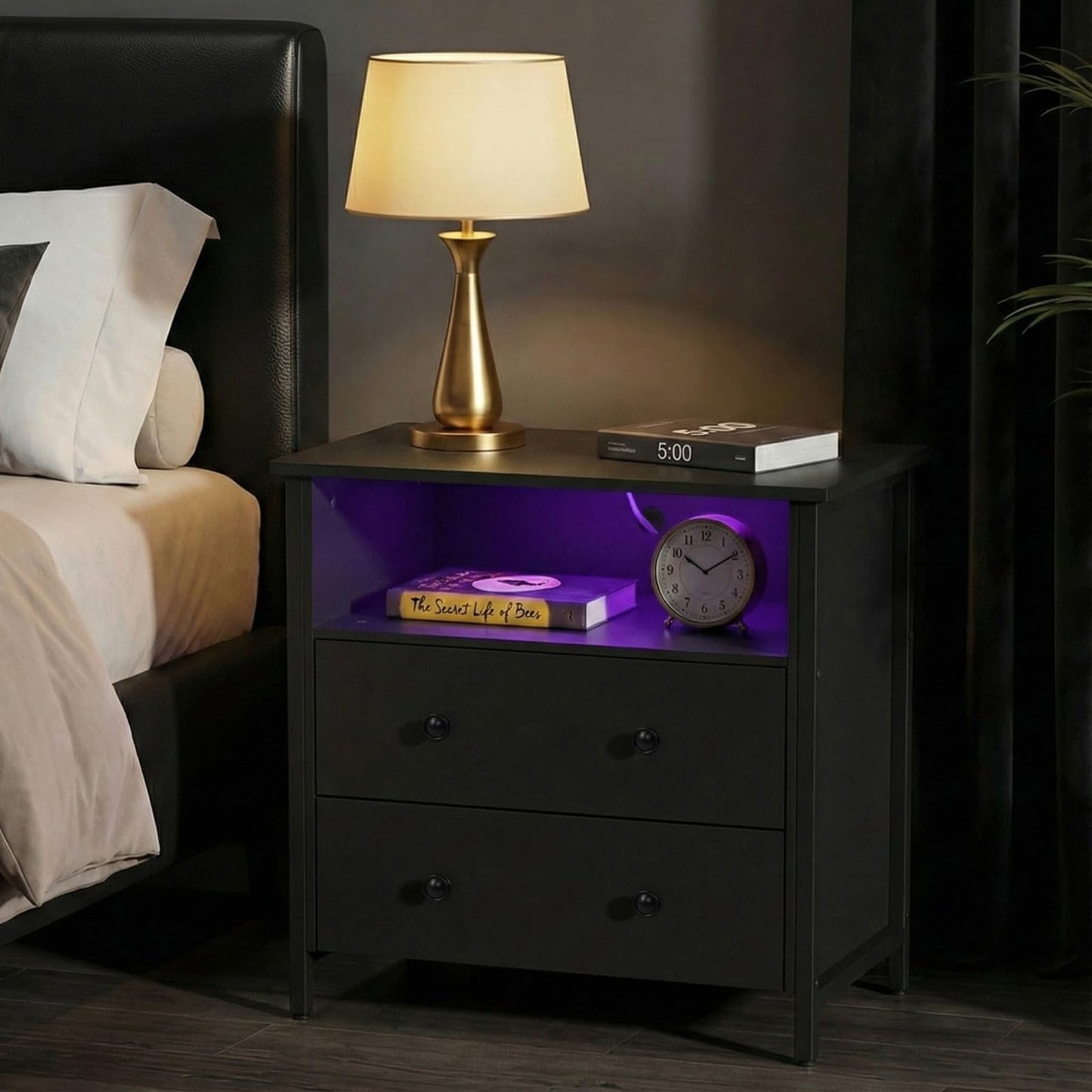 Tykacna 27 Inch Wide Night Stand, Large Wood Night Stand Set 2 with 2 Drawers, LED Nightstand with Charging Station and Adjustable Drawer, Bedside Table for Living Room/Bedroom/Study/Office, Black.
