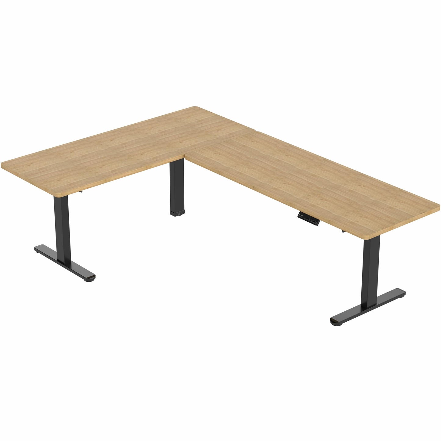 VIVO Electric Height Adjustable 83 x 60 inch Corner Stand Up Desk, 2 Solid Bamboo Table Tops, Black Frame, Memory Controller, L-Shaped Workstation, 3E Series, DESK-KIT-3E8BO