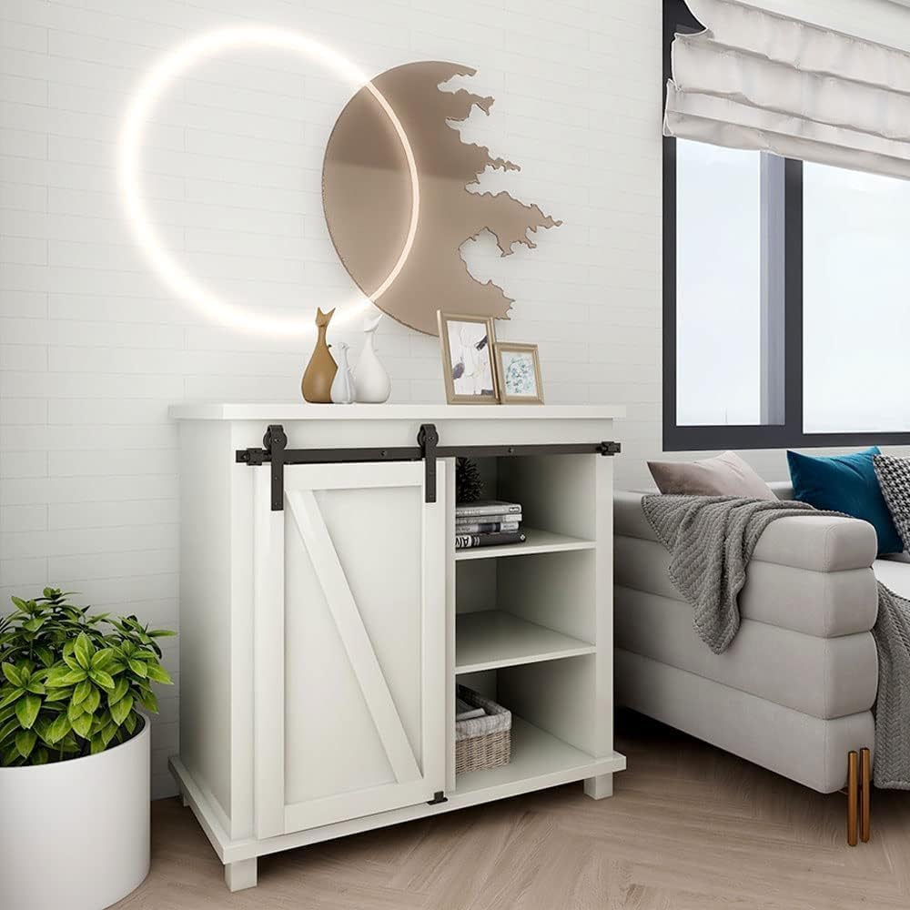 FLYVLIEG 2.5FT Super Mini Sliding Barn Door Hardware Kit for Single Door TV Stands Small Cabinets, J-Shaped Hanger (No Cabinet)
