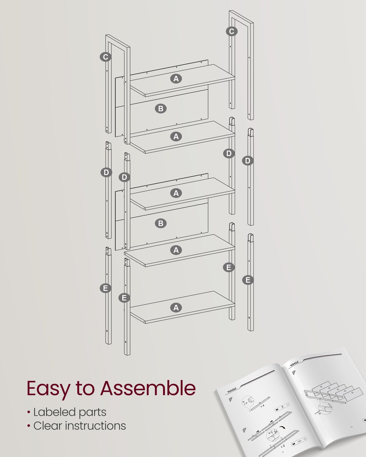 VASAGLE 5-Tier Bookshelf, Book Shelf, Industrial Bookcase, with Steel Frame, for Living Room, Home Office, Bedroom, 9.4 x 24.4 x 65 Inches, Greige and Black ULLS025B02