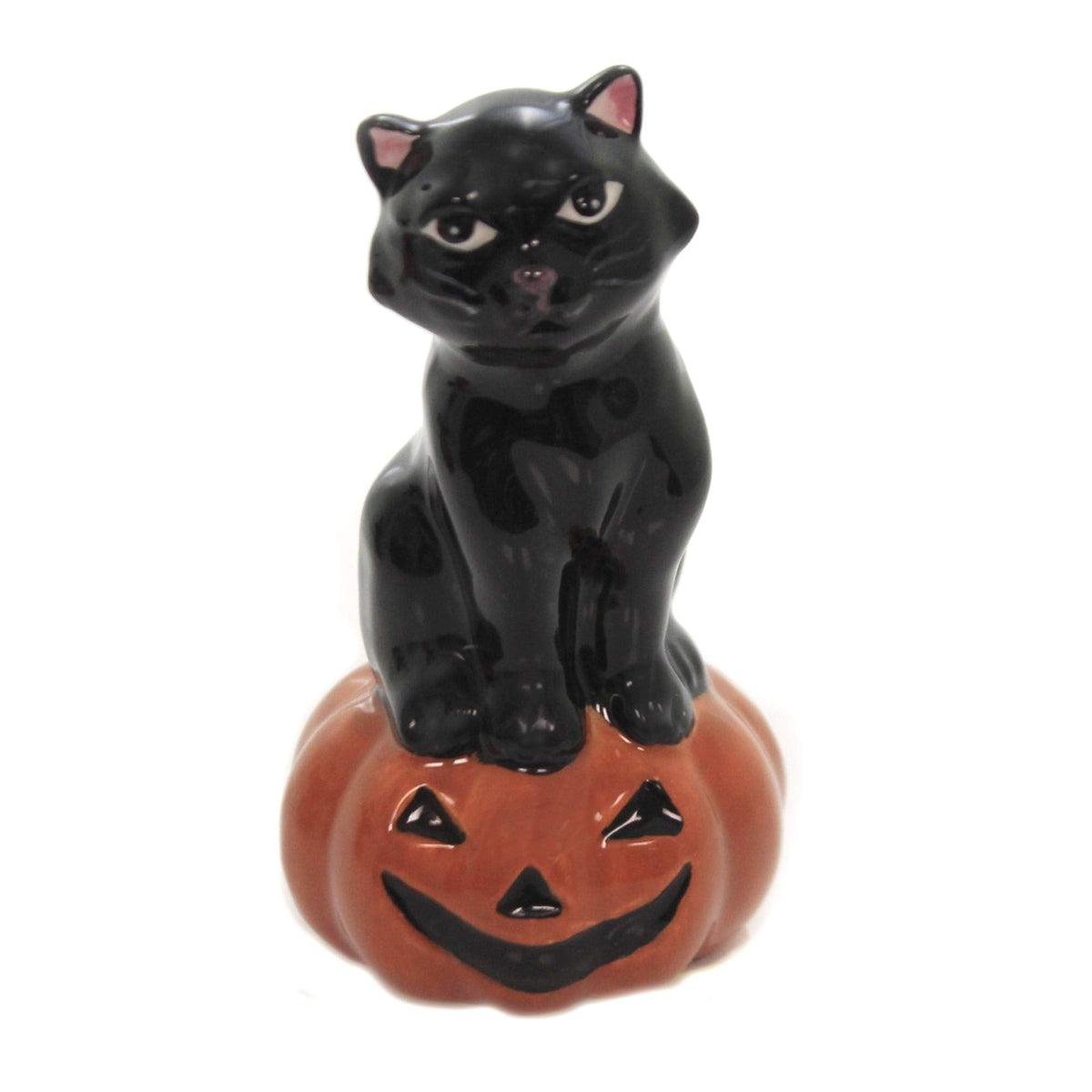 Fine Ceramic Thanksgiving Halloween Black Cat & Owl on Pumpkin Salt & Pepper Shakers Set, 3-3/4" H