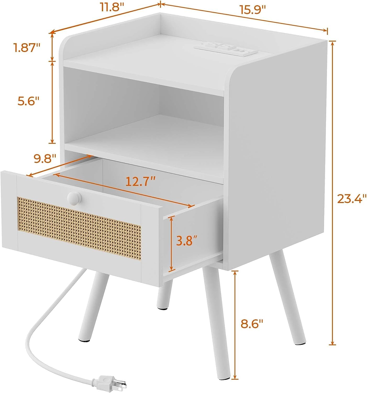 SUPERJARE Nightstand with Charging Station & Rattan-Like Decor Drawer, Rattan End Table with Solid Wood Feet, Bed Side Table with Open Storage, for Bedroom, Living Room, Dormitory - White