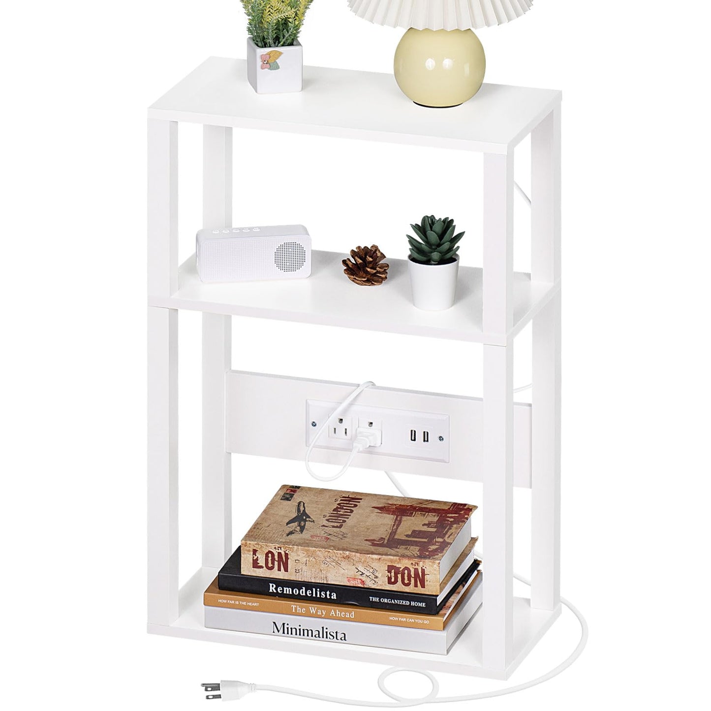 YUFAM 3-Tier Small Narrow Wood Side Table Set of 2 with Charging Station - Skinny Nightstand for Small Spaces, Slim Bedside Table with USB Ports and Outlets - Thin End Table with Storage, White