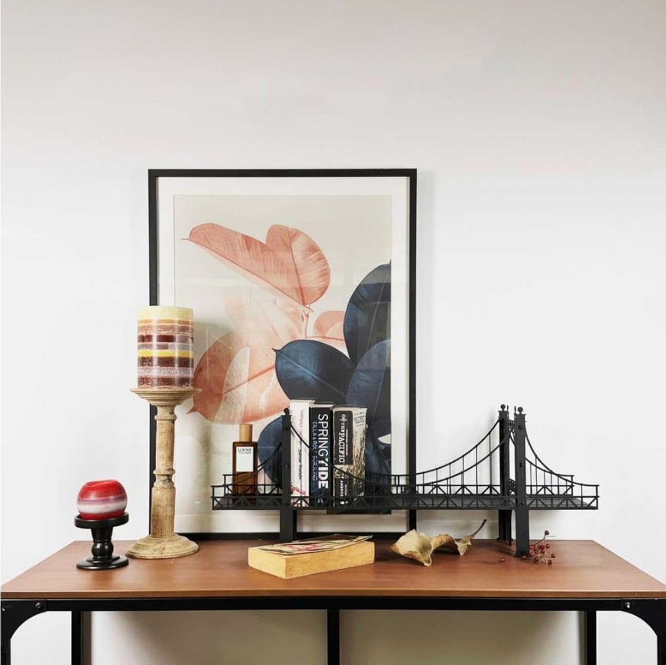 Suspension Bridge Wall Mounted Bookshelf, Black Metal Bridge Design, 26.38 x 10.28 x 5.51 inches