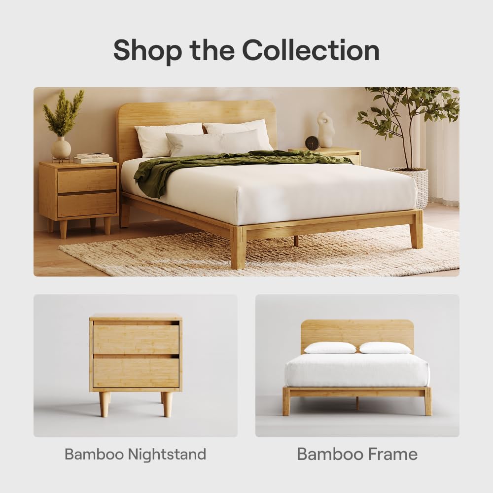 Nectar Bamboo Platform Bed Frame & Headboard - Natural - Queen - Floating Center Support Legs - 12” Height - Easy Tool Free Set Up - Contemporary - Sturdy Wooden Support Slats - Holds Up To 800 Pounds