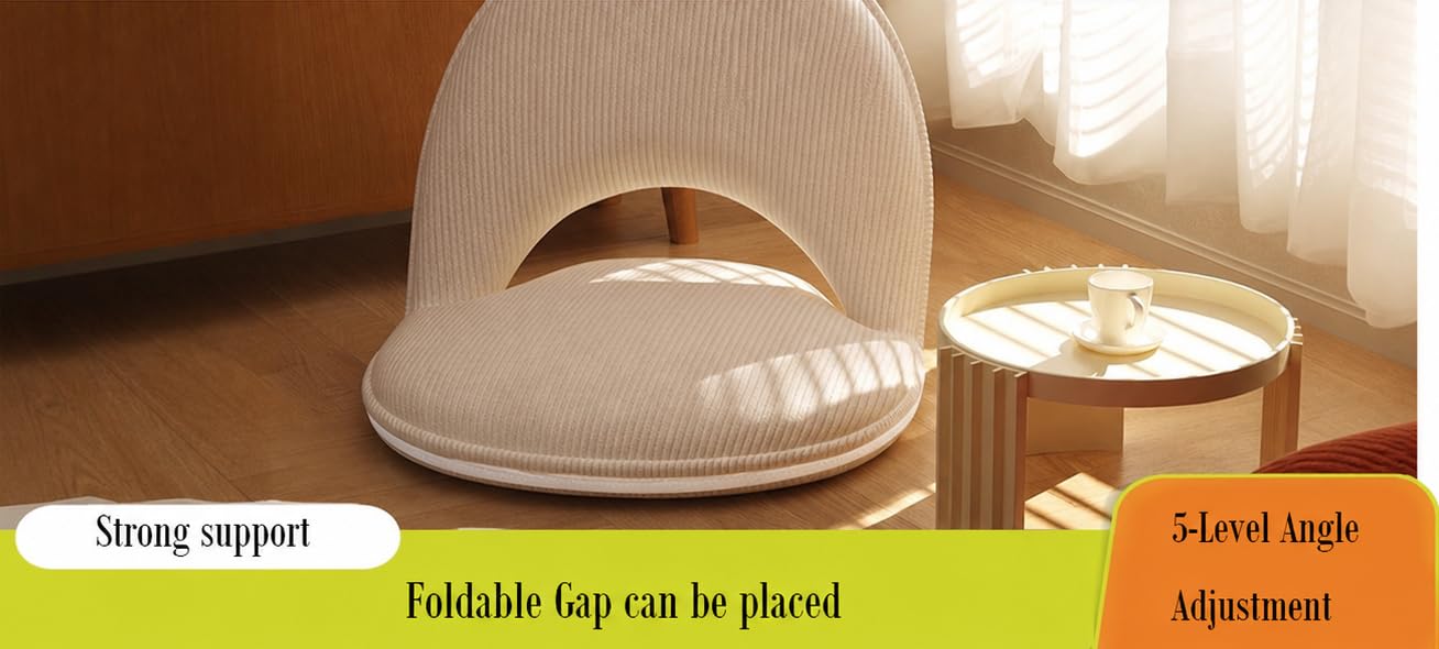 Floor Chair with Back Support, Foldable Lazy Sofa Chair for Adults, Adjustable Corduroy Gaming Reading Chair, Ergonomic Seat Cushion for Bedroom Bay Window Tatami Living Room, Beige