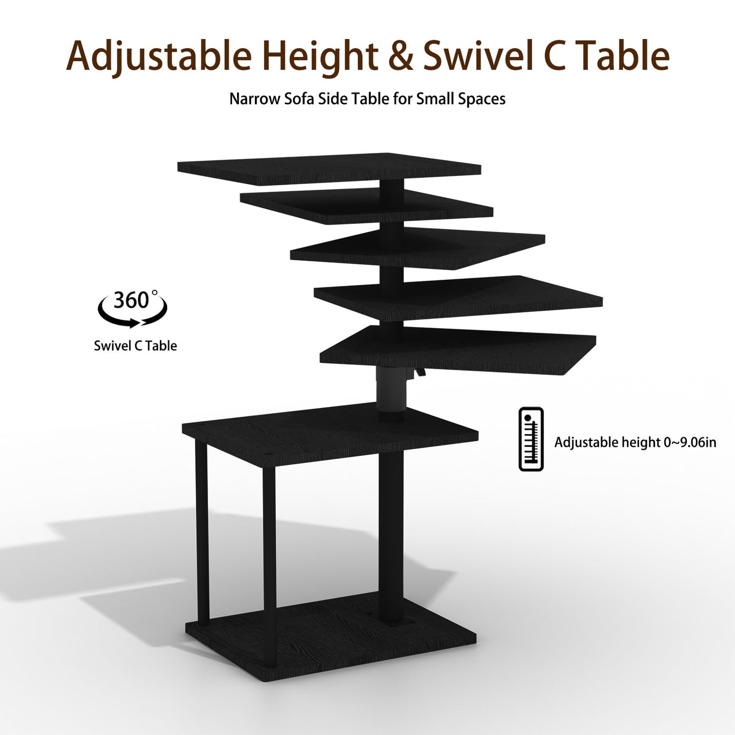 Faesun Swivel Side Table for Couch Arm, Adjustable C End Table for Recliner or Bed, Tv Trays with Storage Shelf for Small Spaces Small Nightstand Table for Living Room, Bedroom