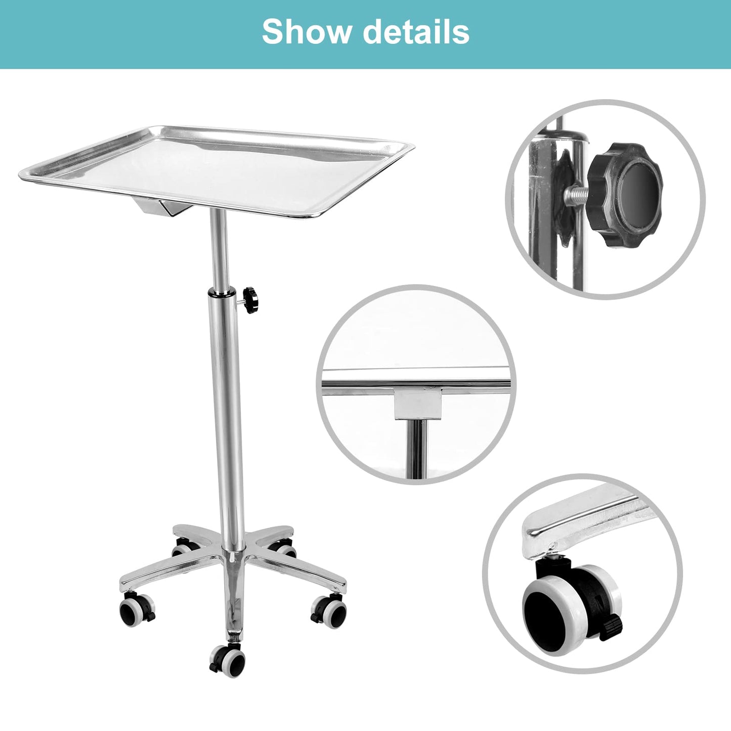 Konmee Premium Extra Large Salon Tray Medical Tray Mayo Stand with Brake Wheels